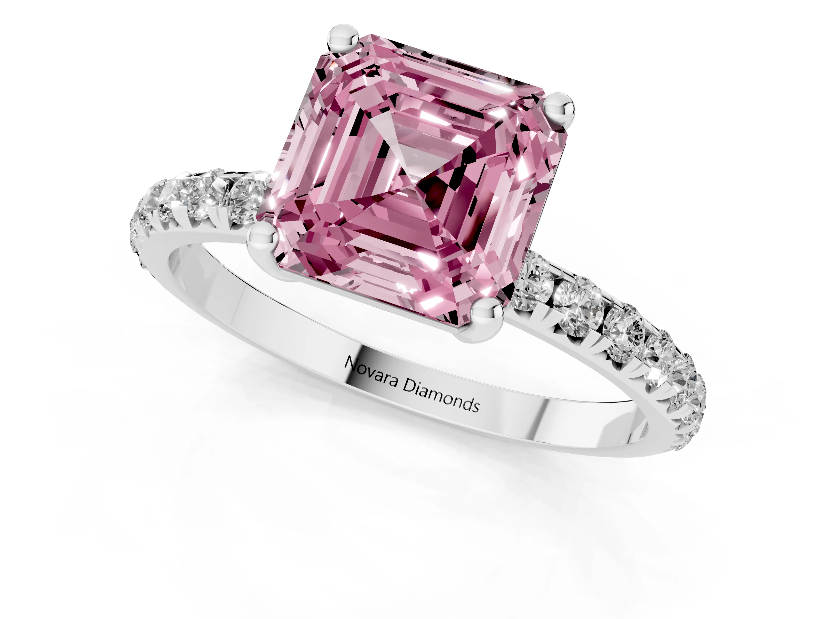 Fancy Pink Asscher Cut Diamond Solitaire Ring Set in Platinum with Micro Pavé Band and Prong Setting