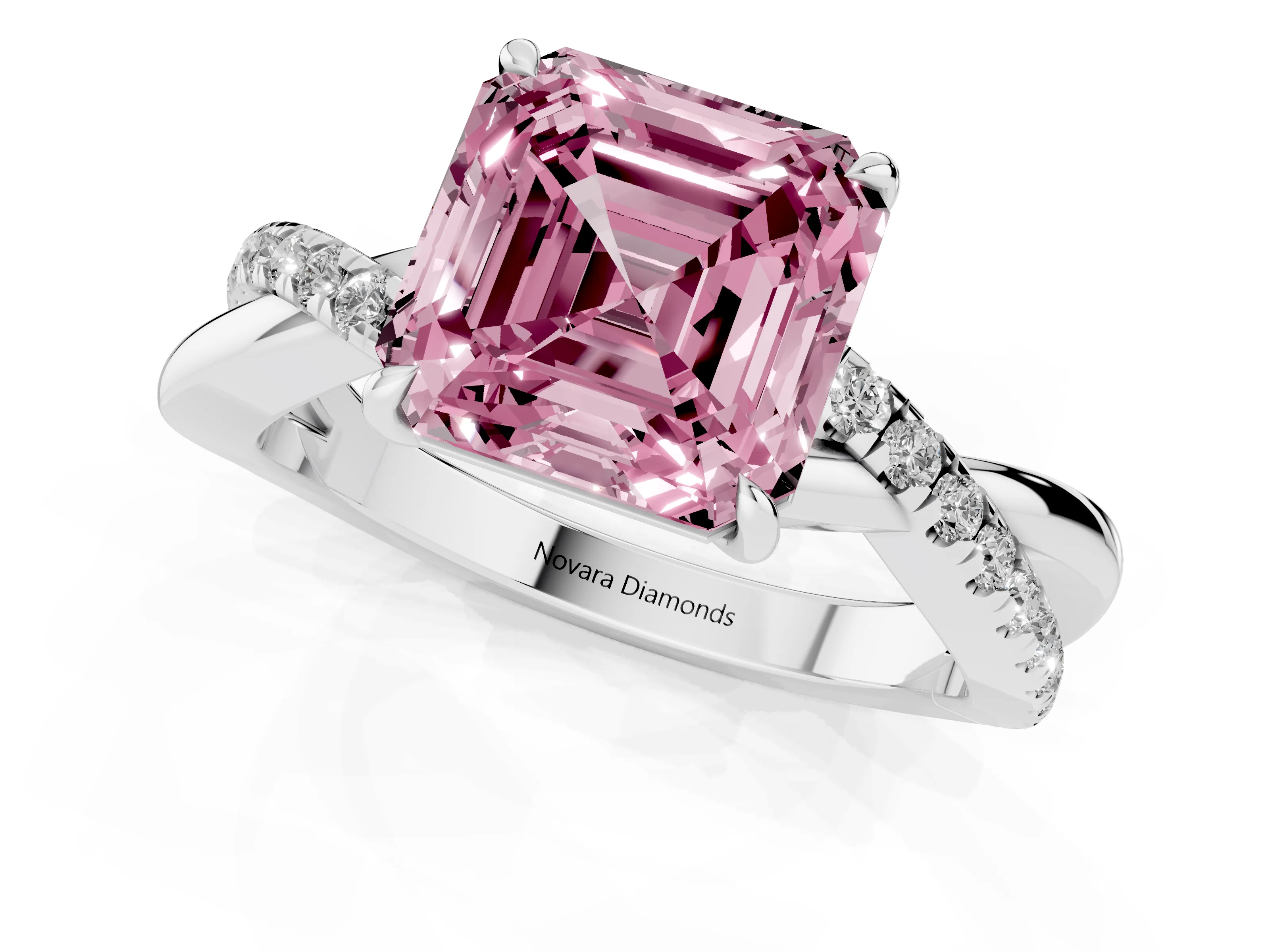 Fancy Pink Asscher Cut Diamond Twisted Pavé Band Ring Set in White gold with Prong Setting