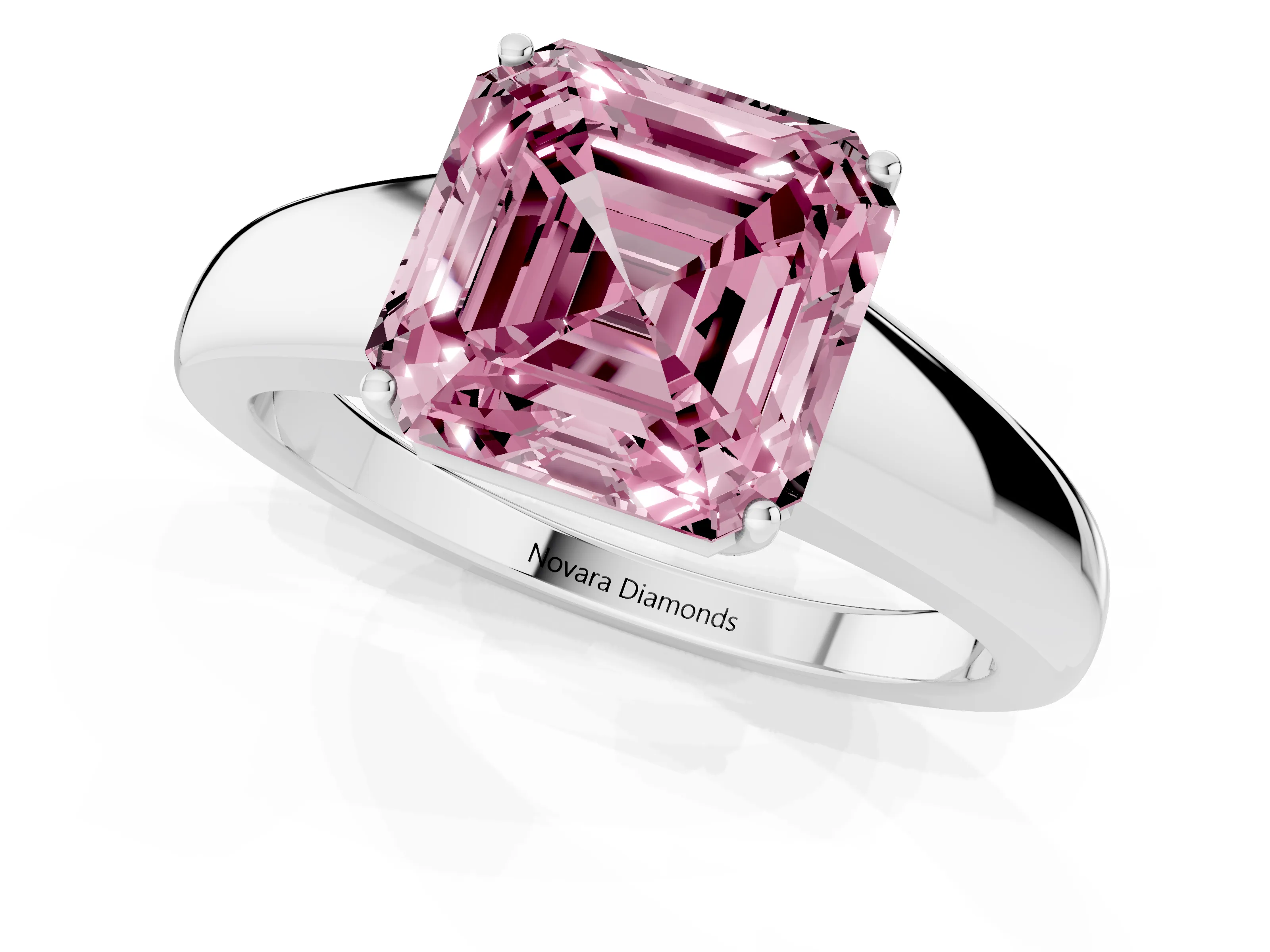 Fancy Pink Asscher Cut Diamond Solitaire Ring Set in White gold with Tapered Band and Prong Setting
