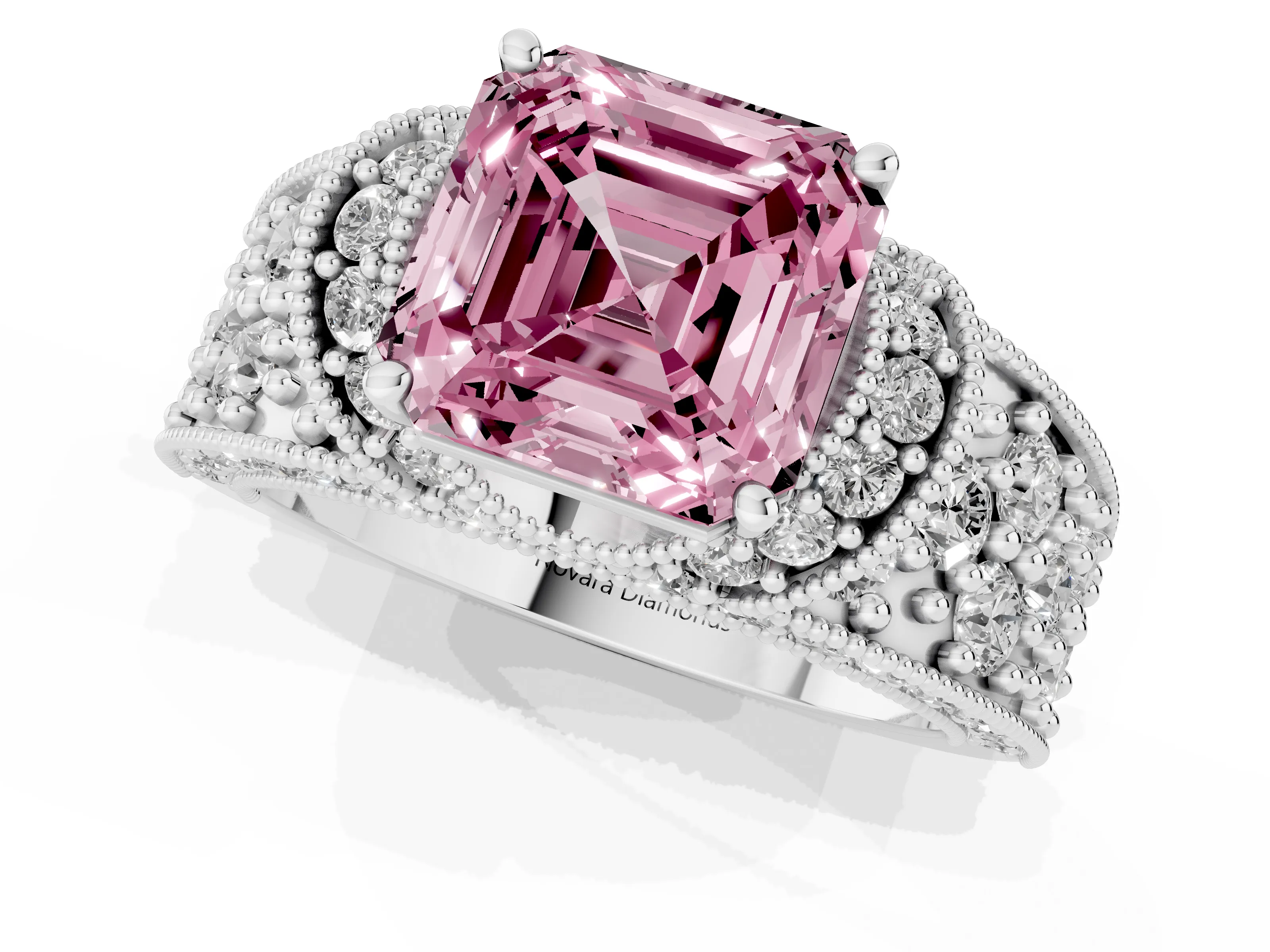 Fancy Pink Asscher Cut Diamond Milgrain Halo Pavé Engagement Ring Set in Silver with Prong Setting