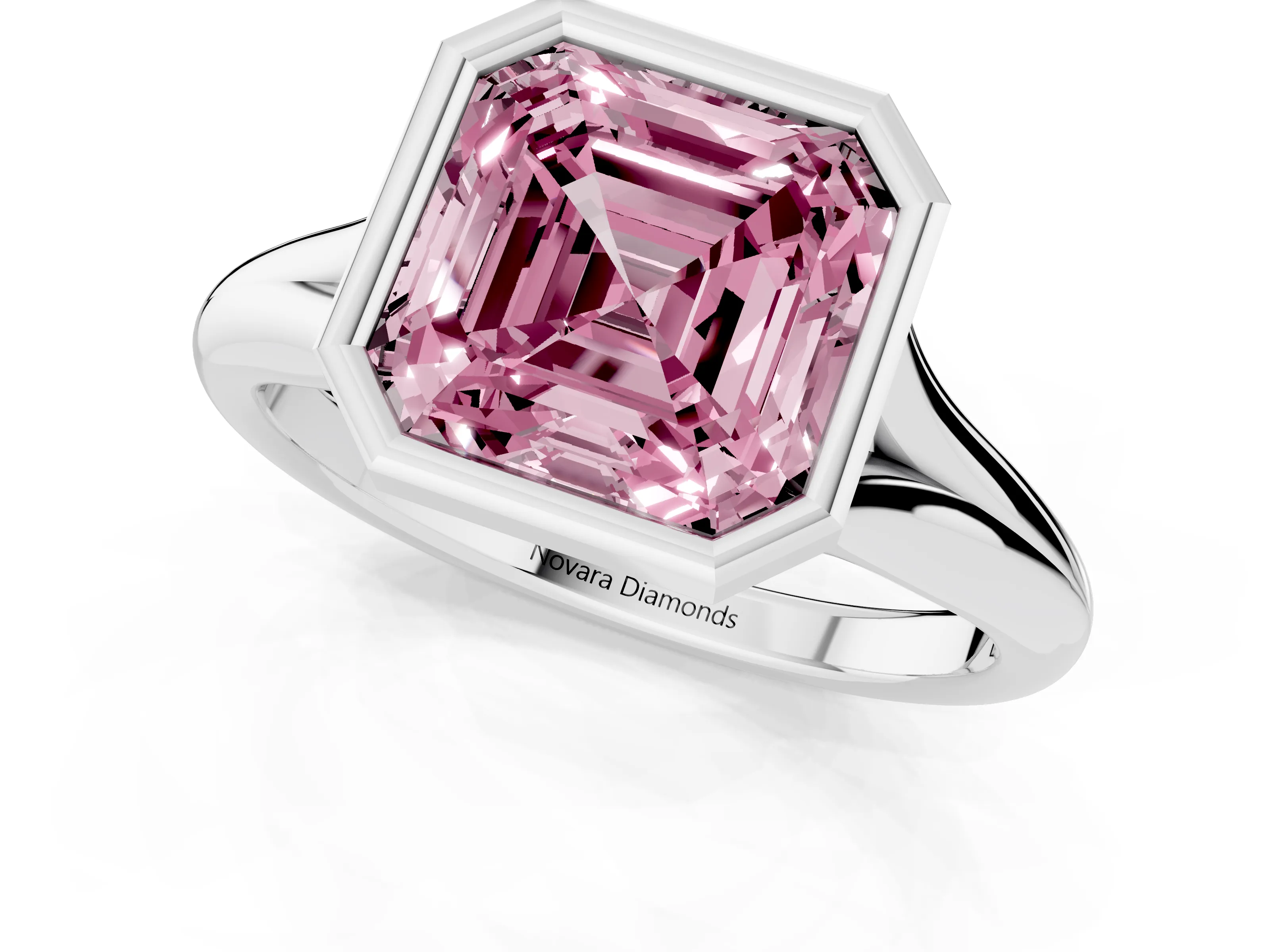 Fancy Pink Bezel Set Asscher Cut Diamond Solitaire Ring Set in Silver with Smooth Band