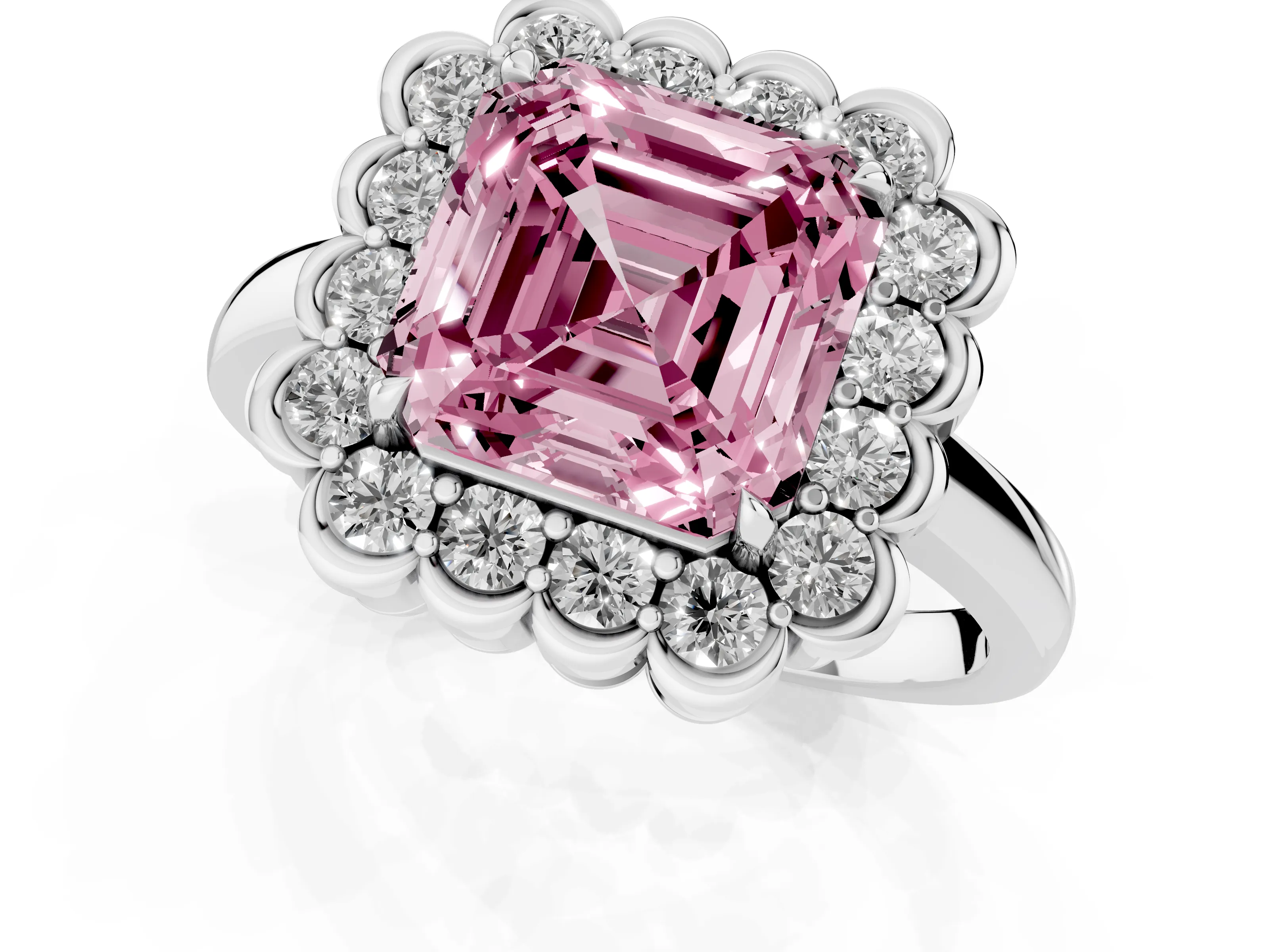 Fancy Pink Asscher Cut Diamond Halo Cluster Engagement Ring Set in Platinum with Solitaire Band and Prong Setting