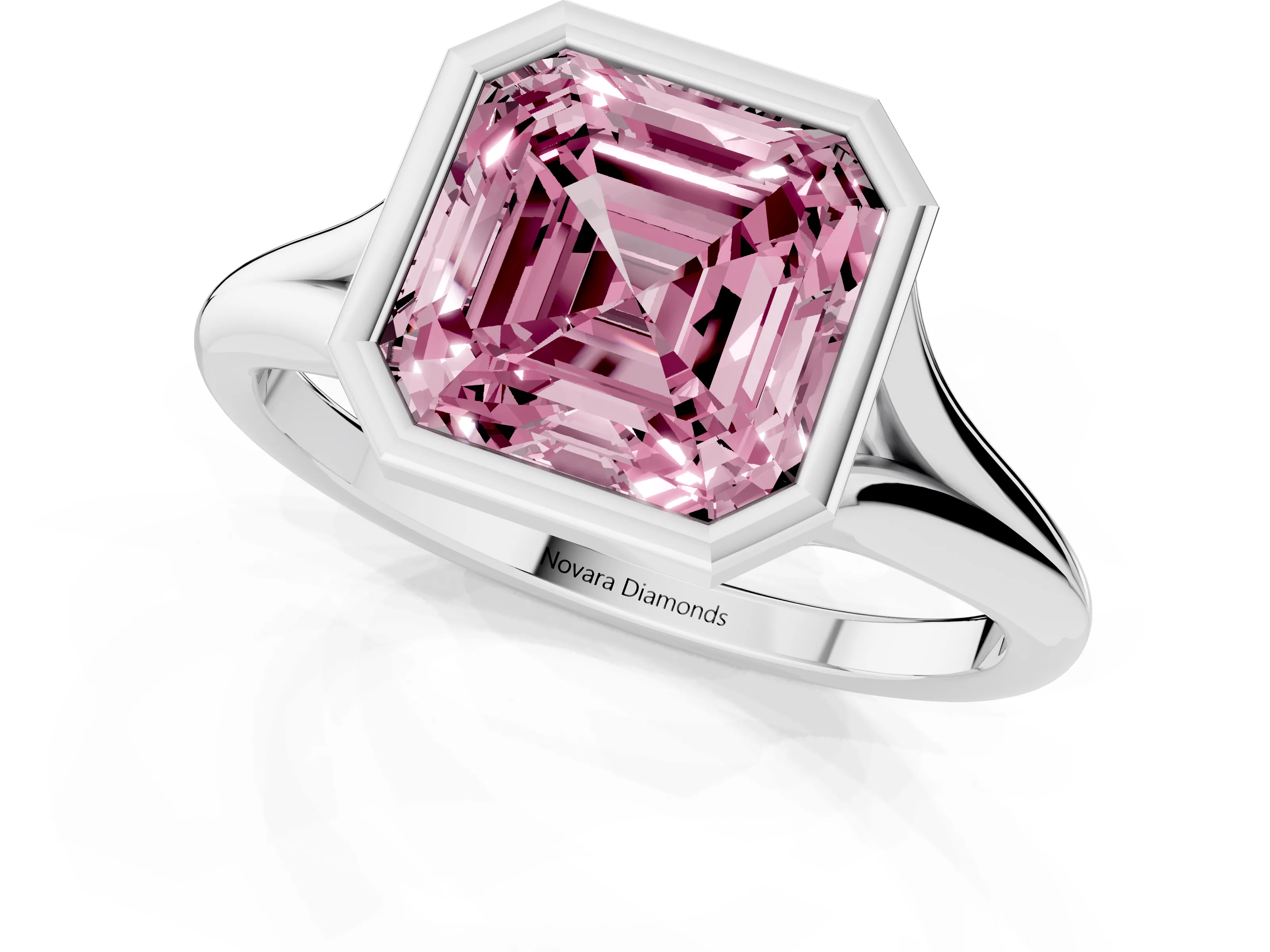 Fancy Pink Bezel Set Asscher Cut Diamond Solitaire Ring Set in Platinum with Tapered Band