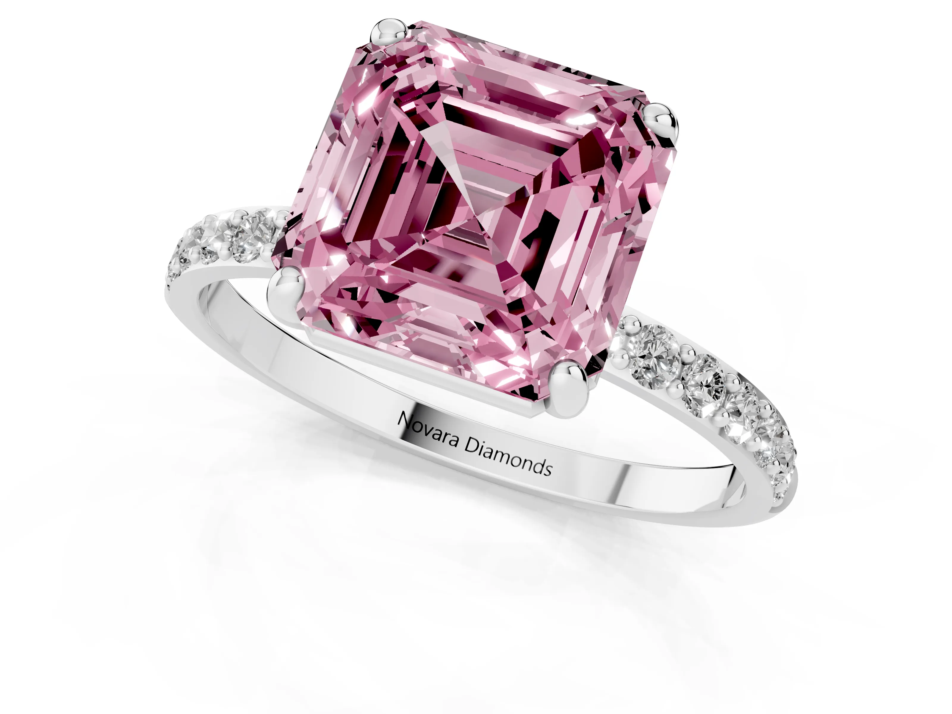 Fancy Pink Asscher Cut Diamond Solitaire Ring Set in Silver with Round Pavé Band and Prong Setting