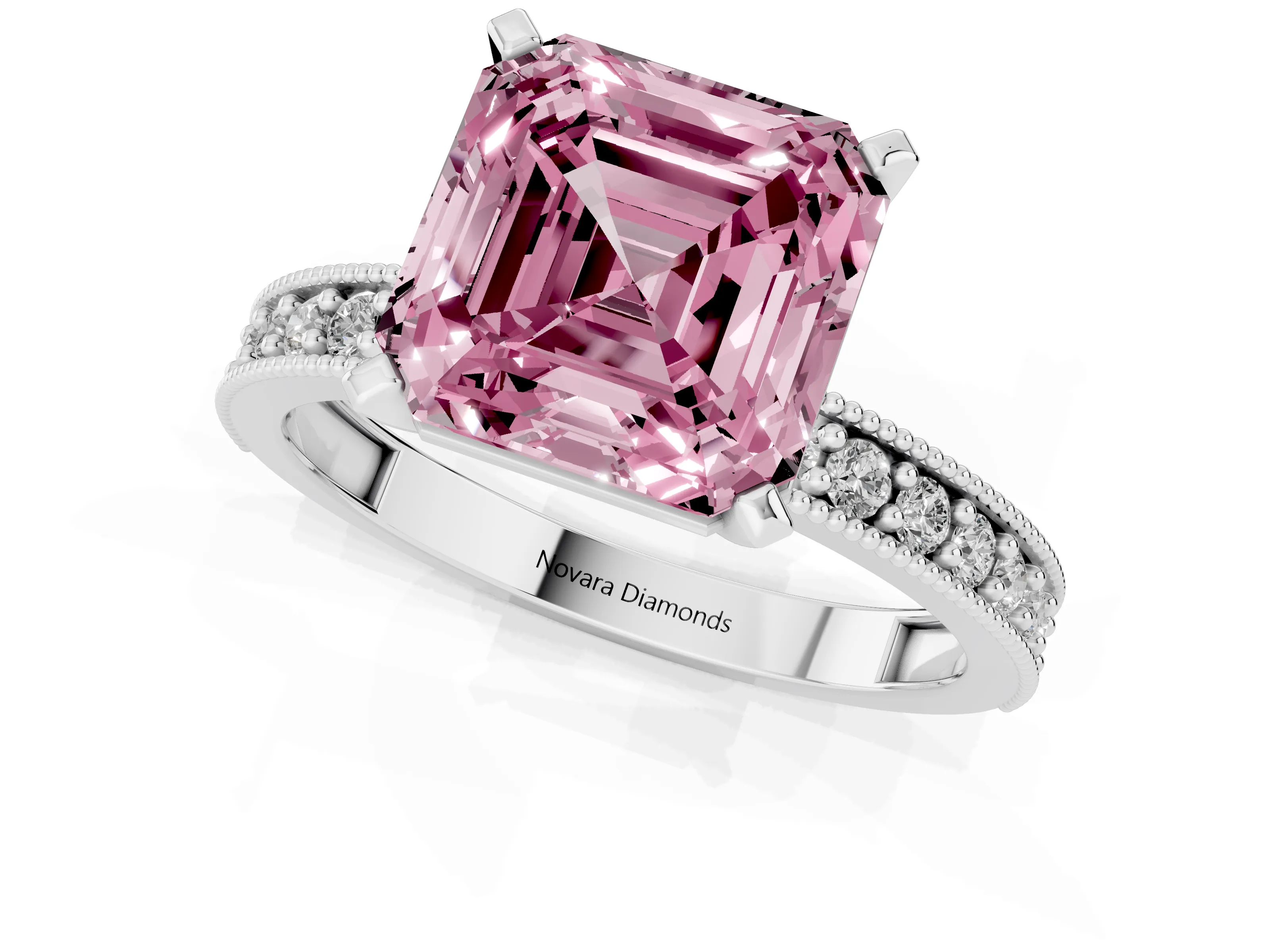 Fancy Pink Asscher Cut Diamond Milgrain Pavé Engagement Ring Set in Silver with Prong Setting – second view