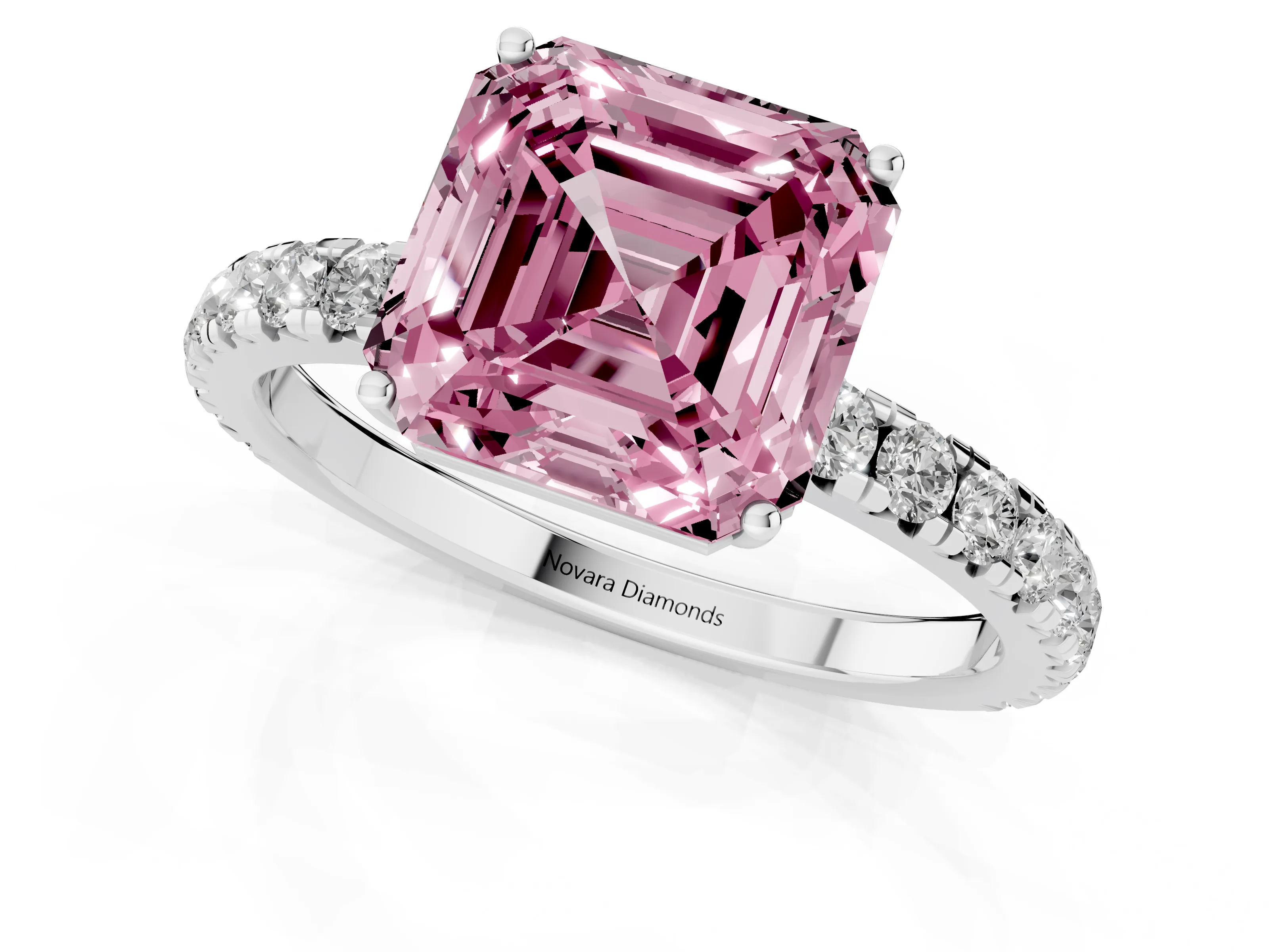 Fancy Pink Asscher Cut Diamond Pavé Solitaire Engagement Ring Set in Platinum with Prong Setting