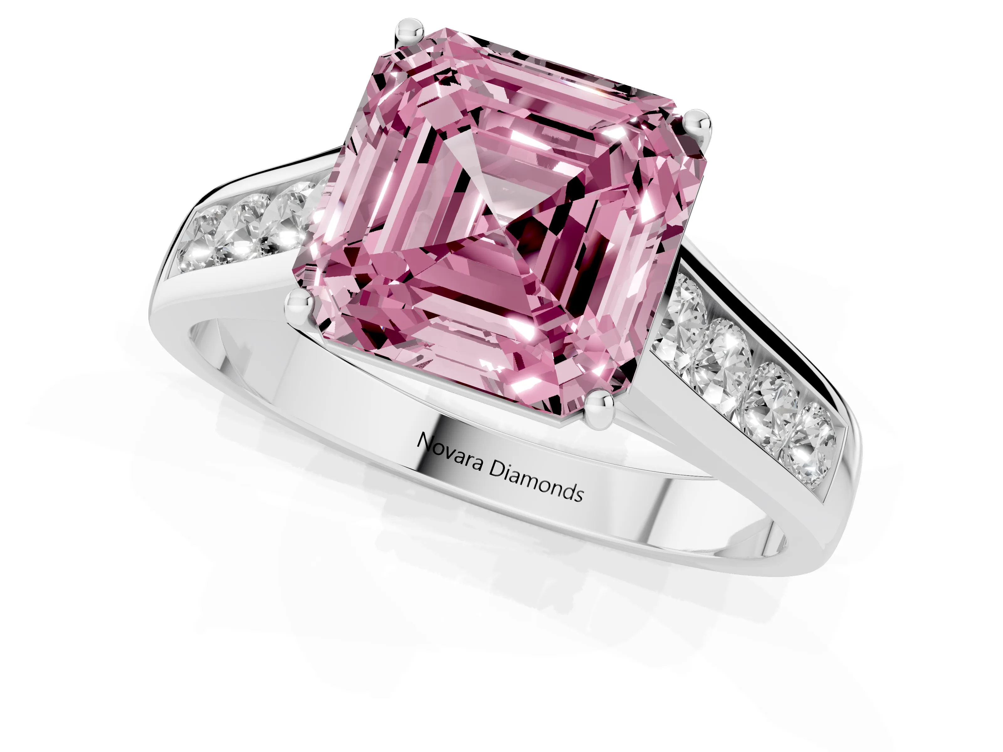 Fancy Pink Asscher Cut Diamond Brilliant Channel-Set Solitaire Ring Set in White gold with Prong Setting