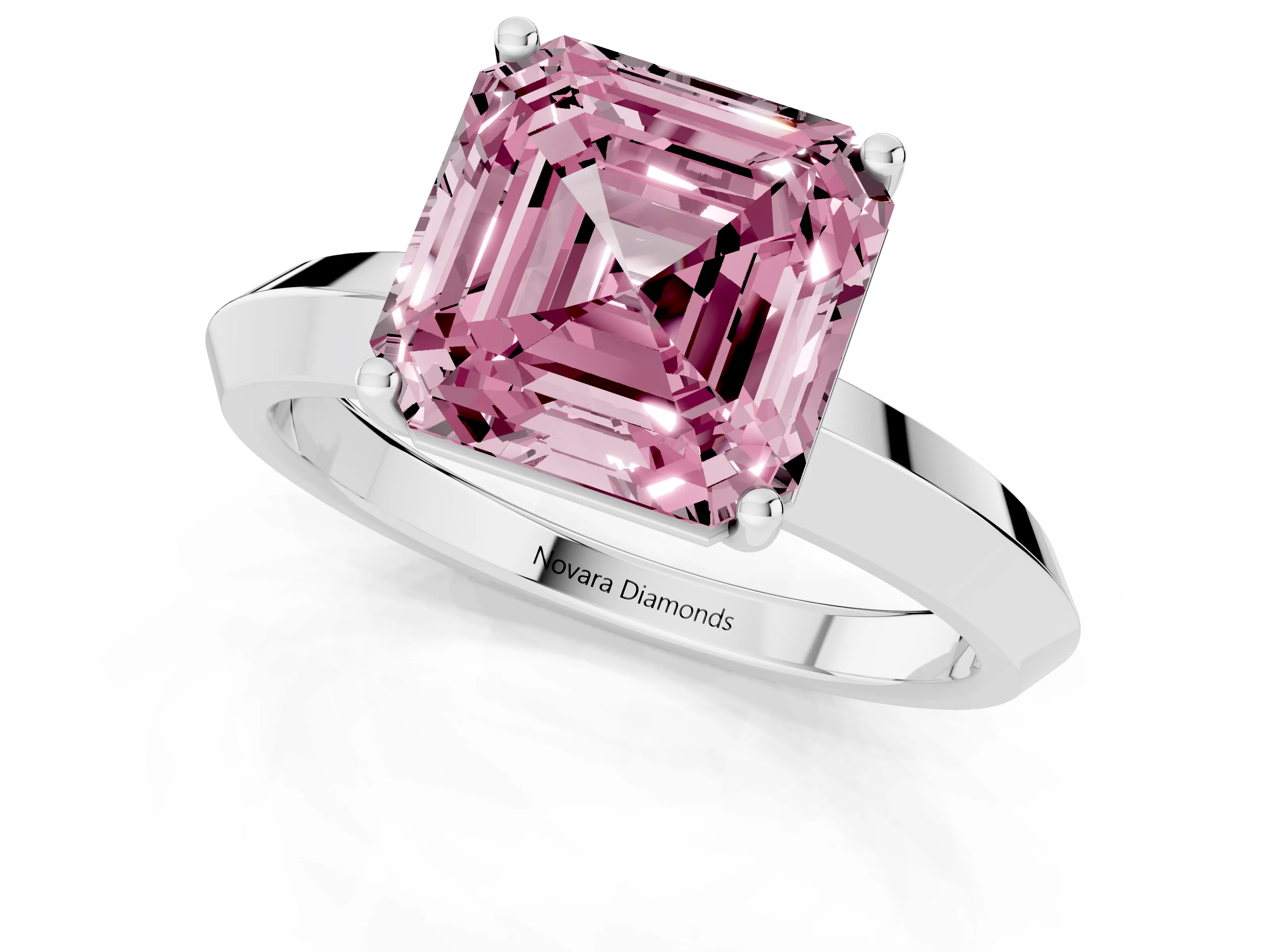 Fancy Pink Asscher Cut Diamond Solitaire Engagement Ring Set in White gold with Flat Band and Prong Setting