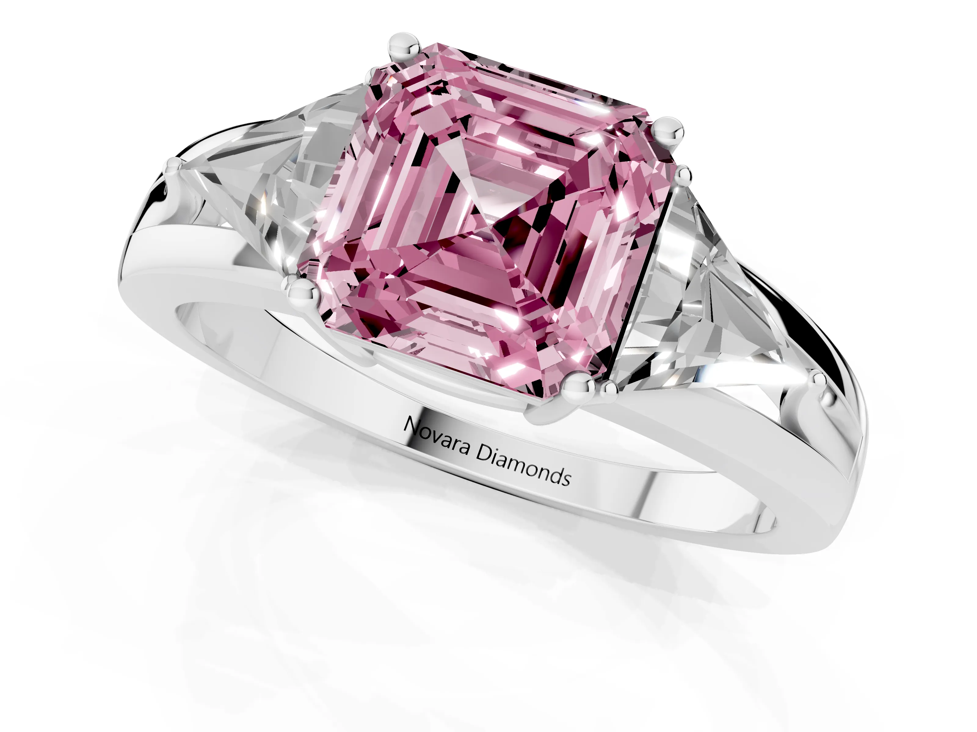 Fancy Pink Asscher Cut Diamond Three-Stone Ring Set in Silver with Trillion Side Stones and Split Shank – second view
