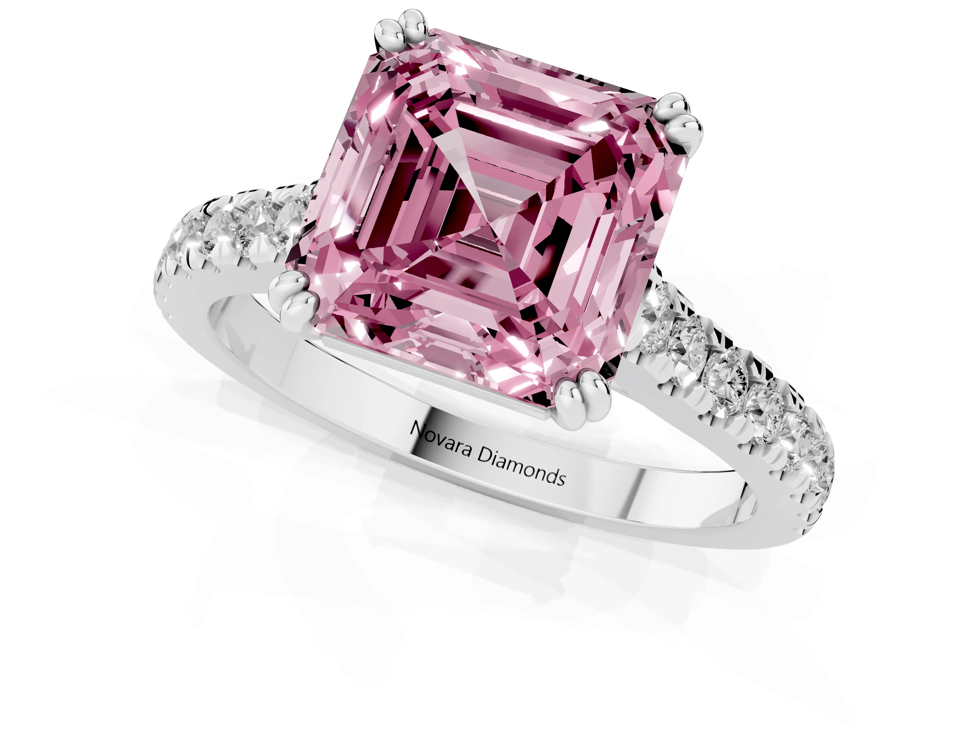 Fancy Pink Asscher Cut Diamond Solitaire Engagement Ring Set in Platinum with Pavé Accents and Prong Setting