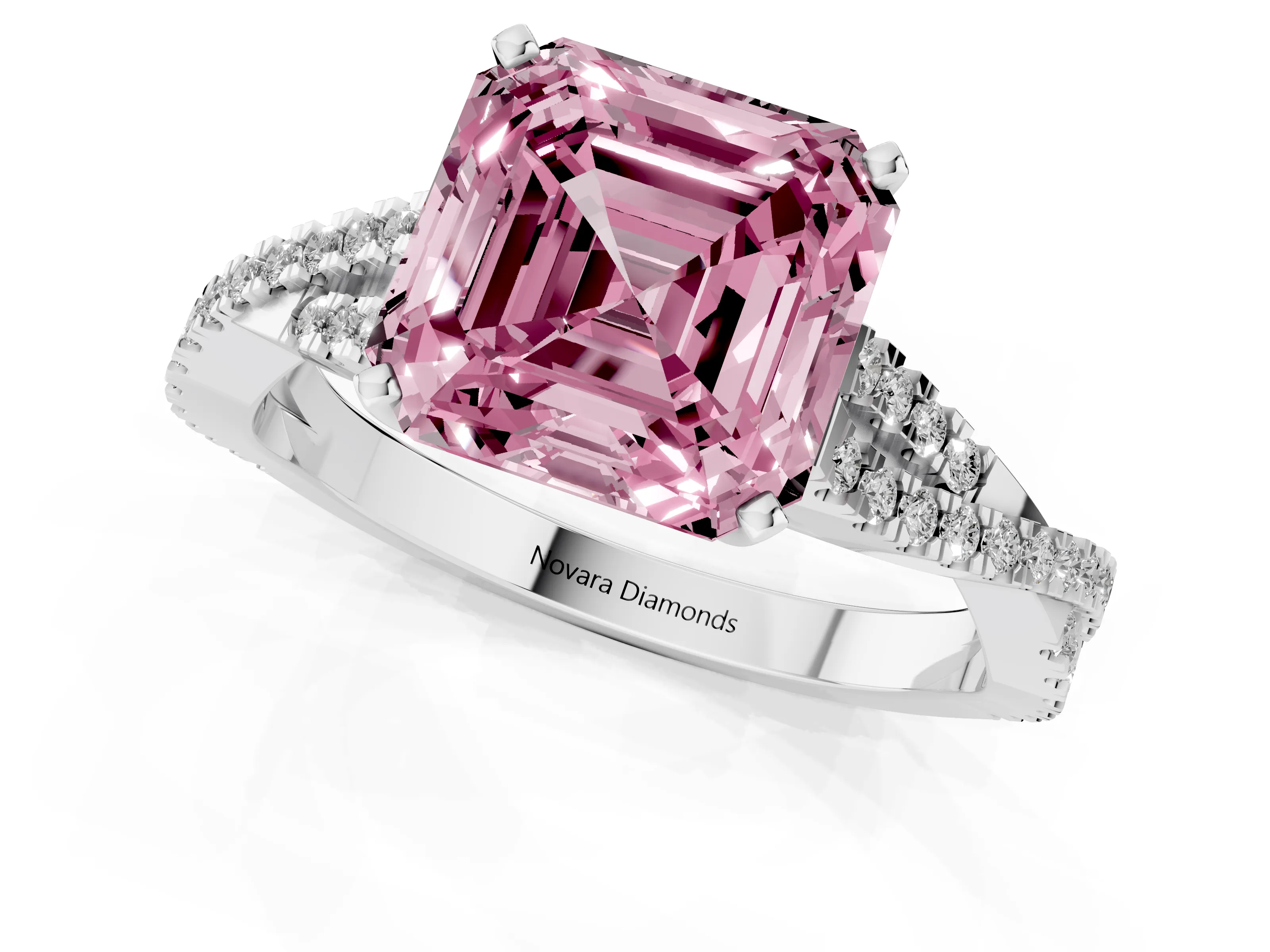 Fancy Pink Asscher Cut Diamond Solitaire Engagement Ring Set in White gold with Twisted Pavé Band and Prong Setting