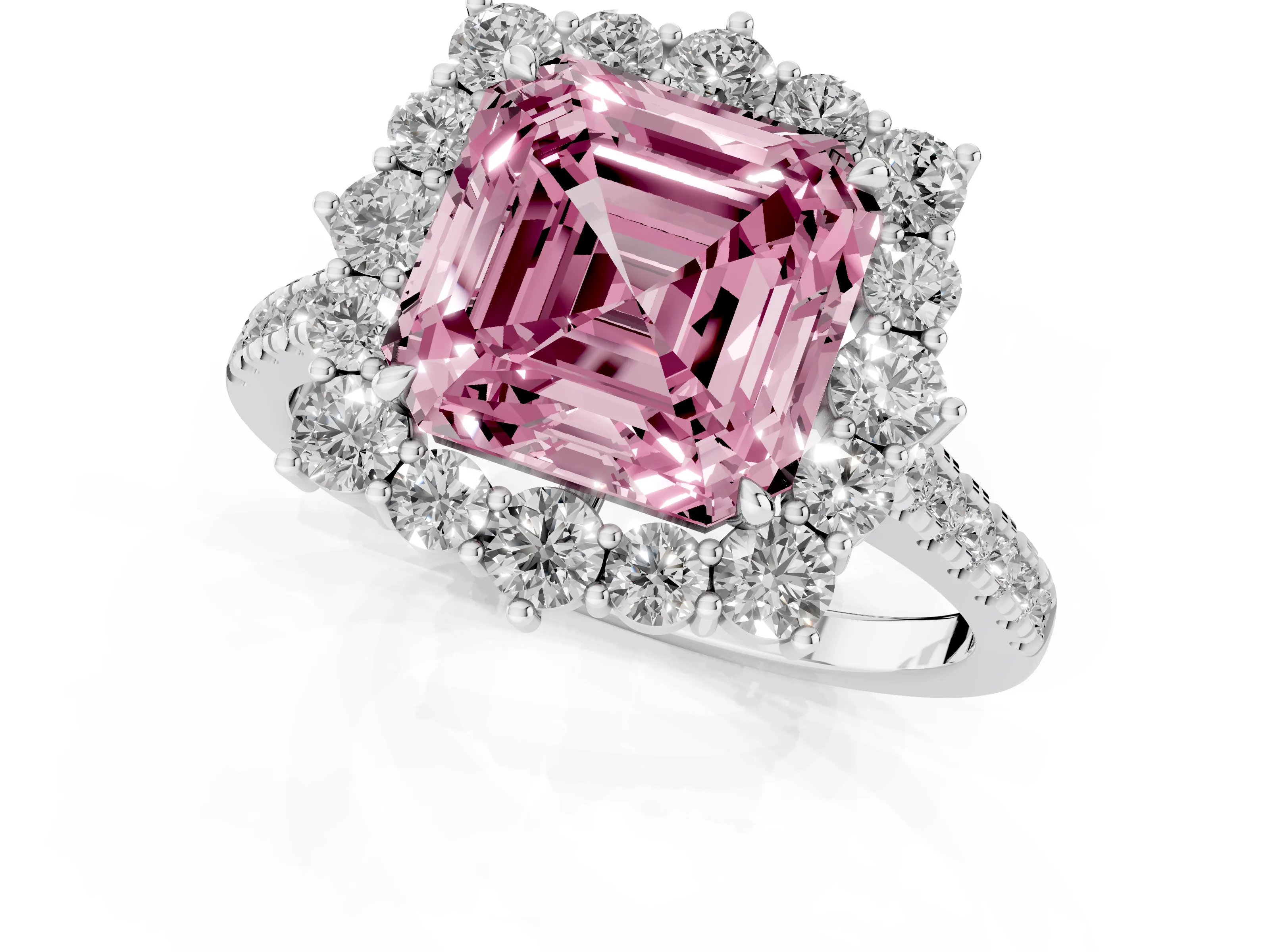 Fancy Pink Asscher Cut Diamond Halo Ring Set in Silver with Pavé Band and Prong Setting