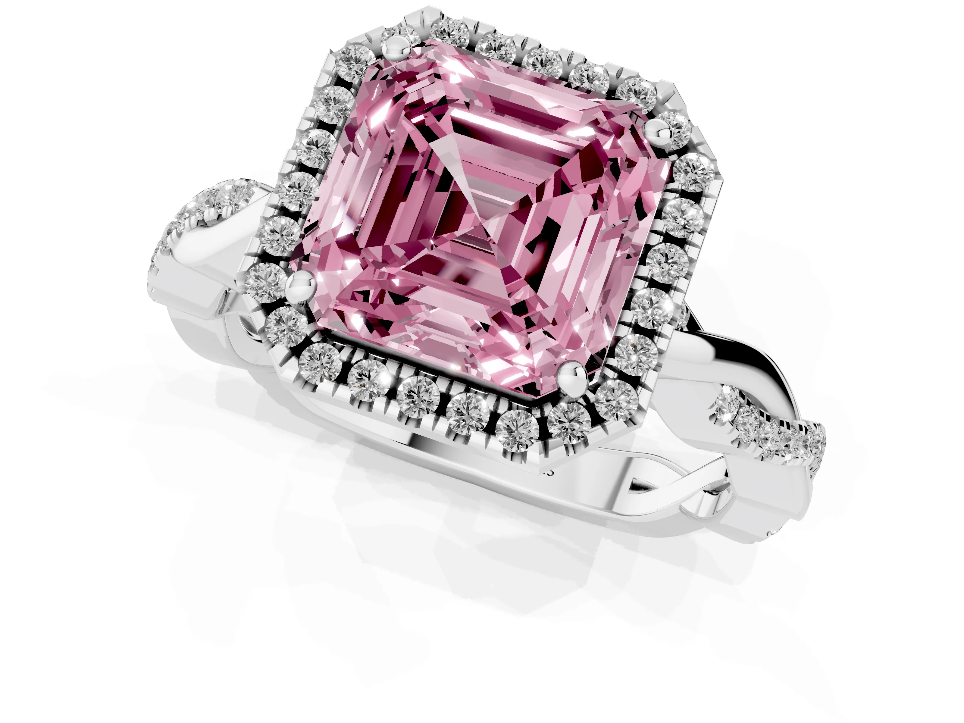 Fancy Pink Asscher Cut Diamond Halo Twisted Band Ring Set in Silver with Prong Setting