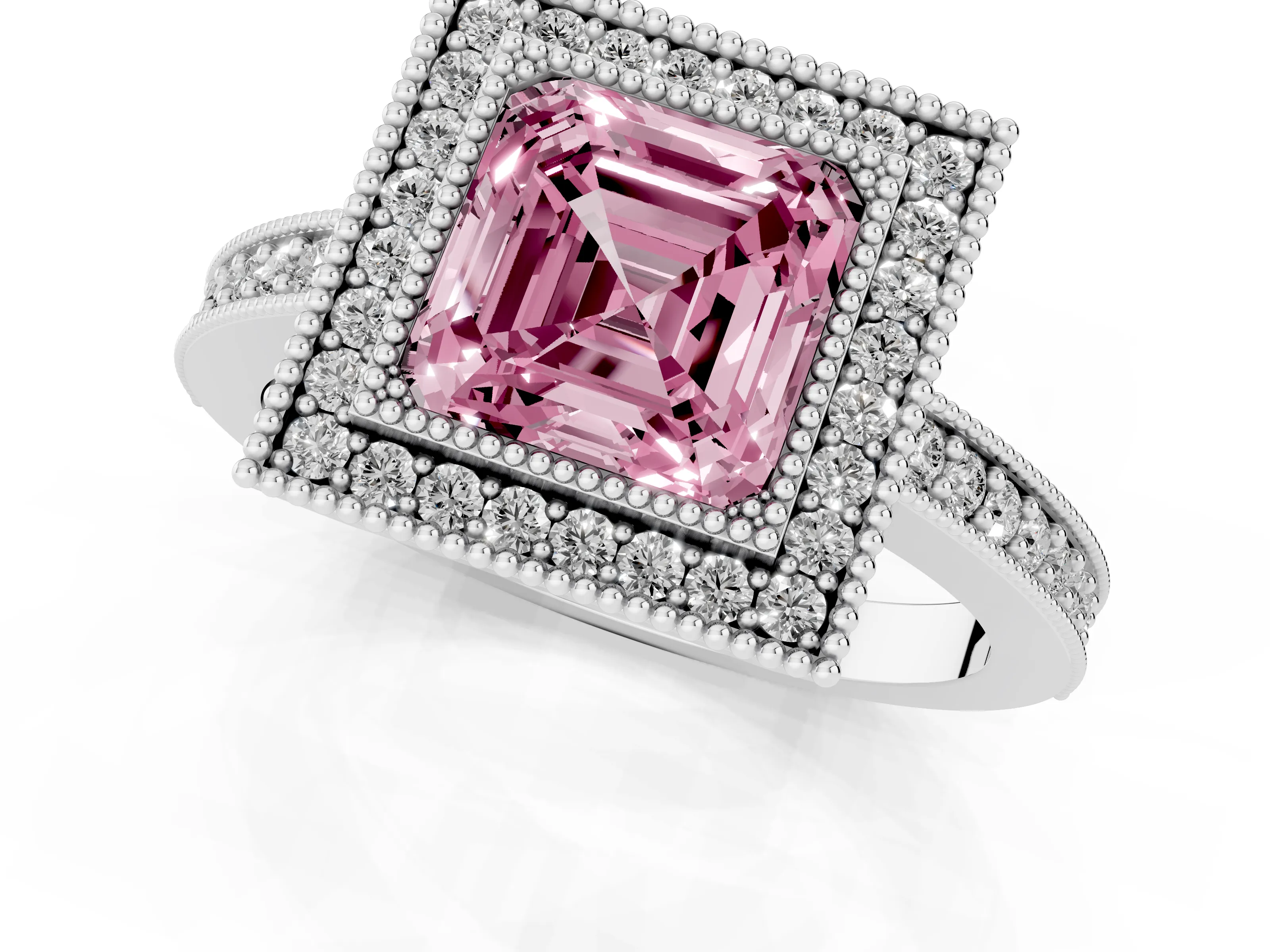 Fancy Pink Asscher Cut Diamond Halo Engagement Ring Set in White gold with Pavé Band and Round Halo Stones