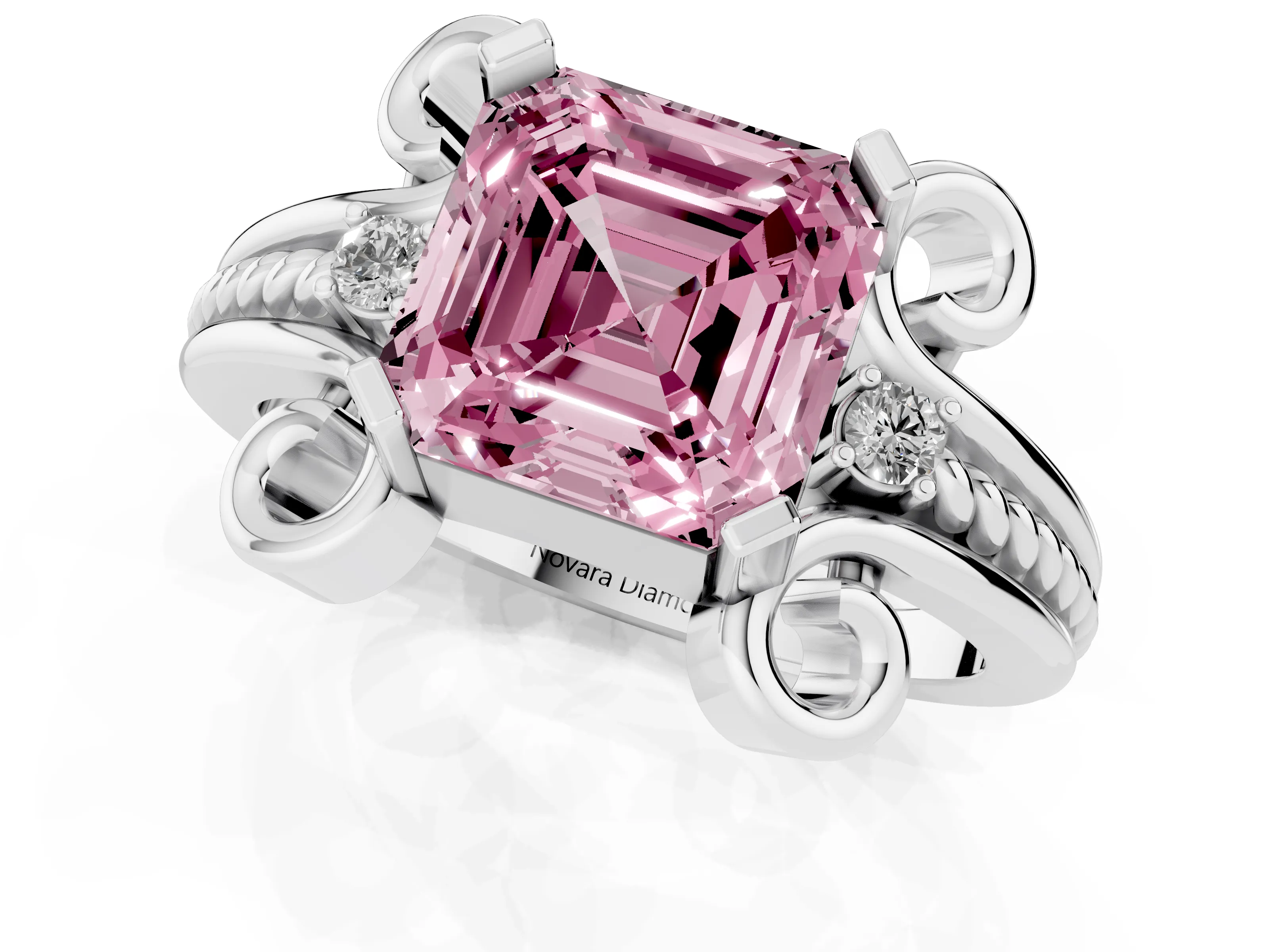 Fancy Pink Asscher Cut Diamond Twisted Band Solitaire Ring Set in Platinum with Scroll Prongs
