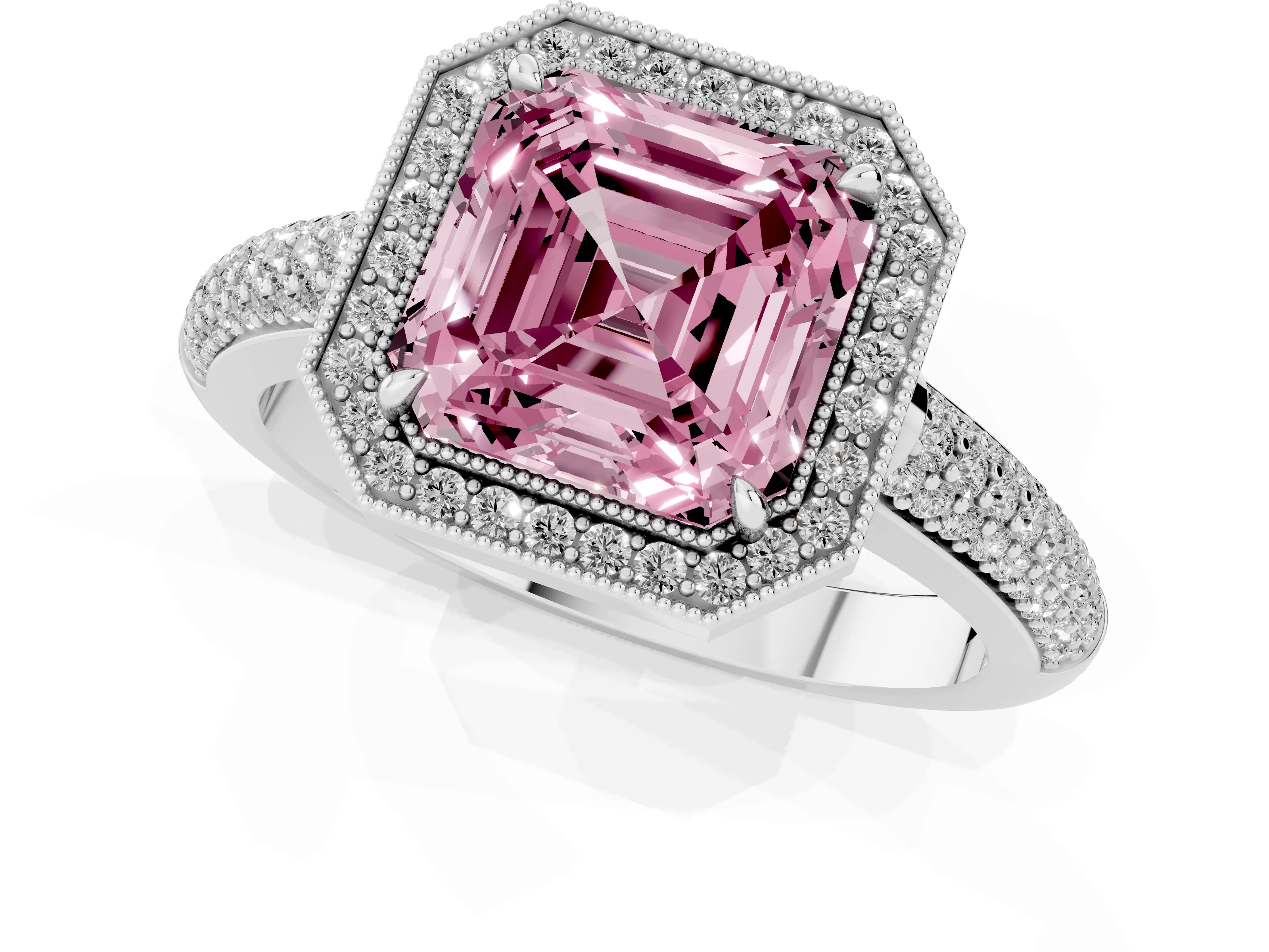 Fancy Pink Asscher Cut Diamond Halo Pavé Band Set in White gold with Prong Setting