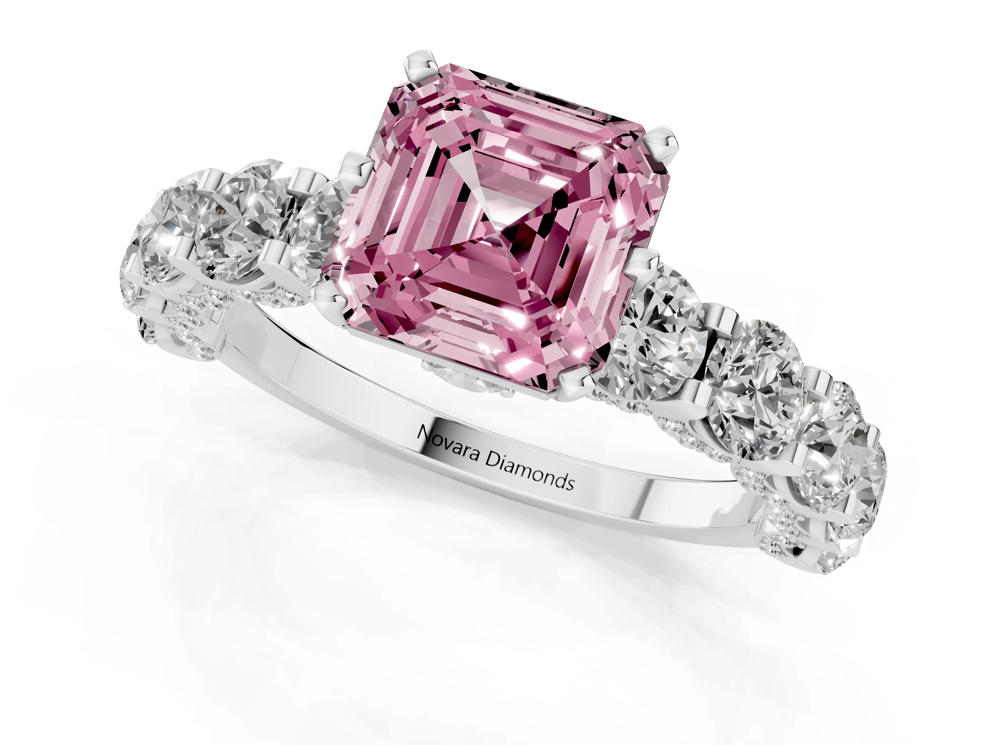 Fancy Pink Asscher Cut Diamond Side Stone Ring Set in Silver with Alternating Round and Oval Side Stones – second view