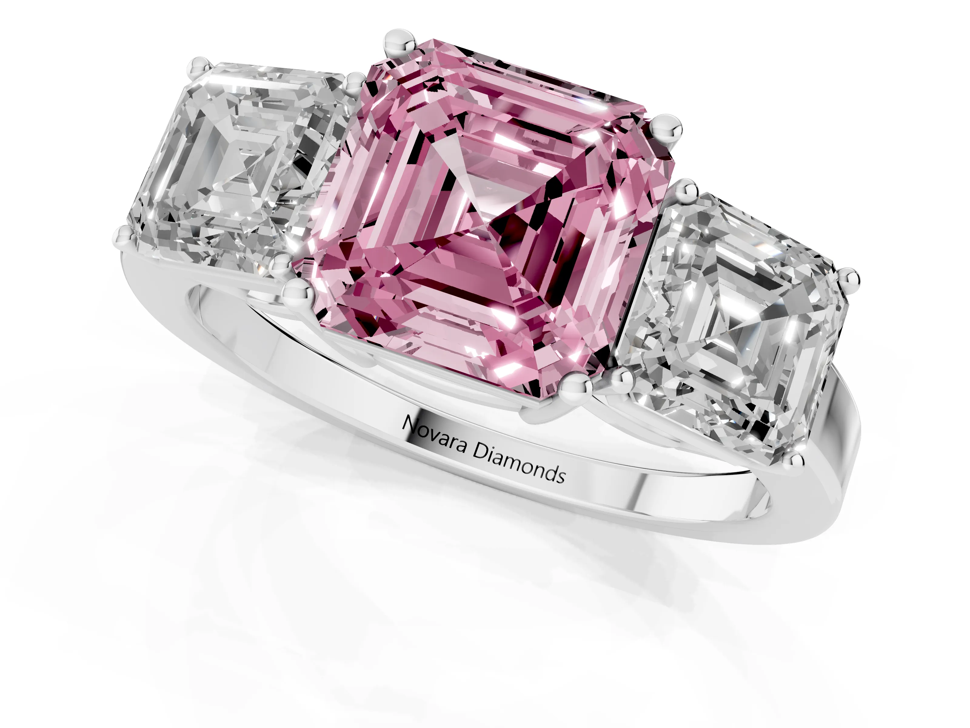 Fancy Pink Asscher Cut Diamond Three-Stone Engagement Ring Set in Platinum with Flat Band