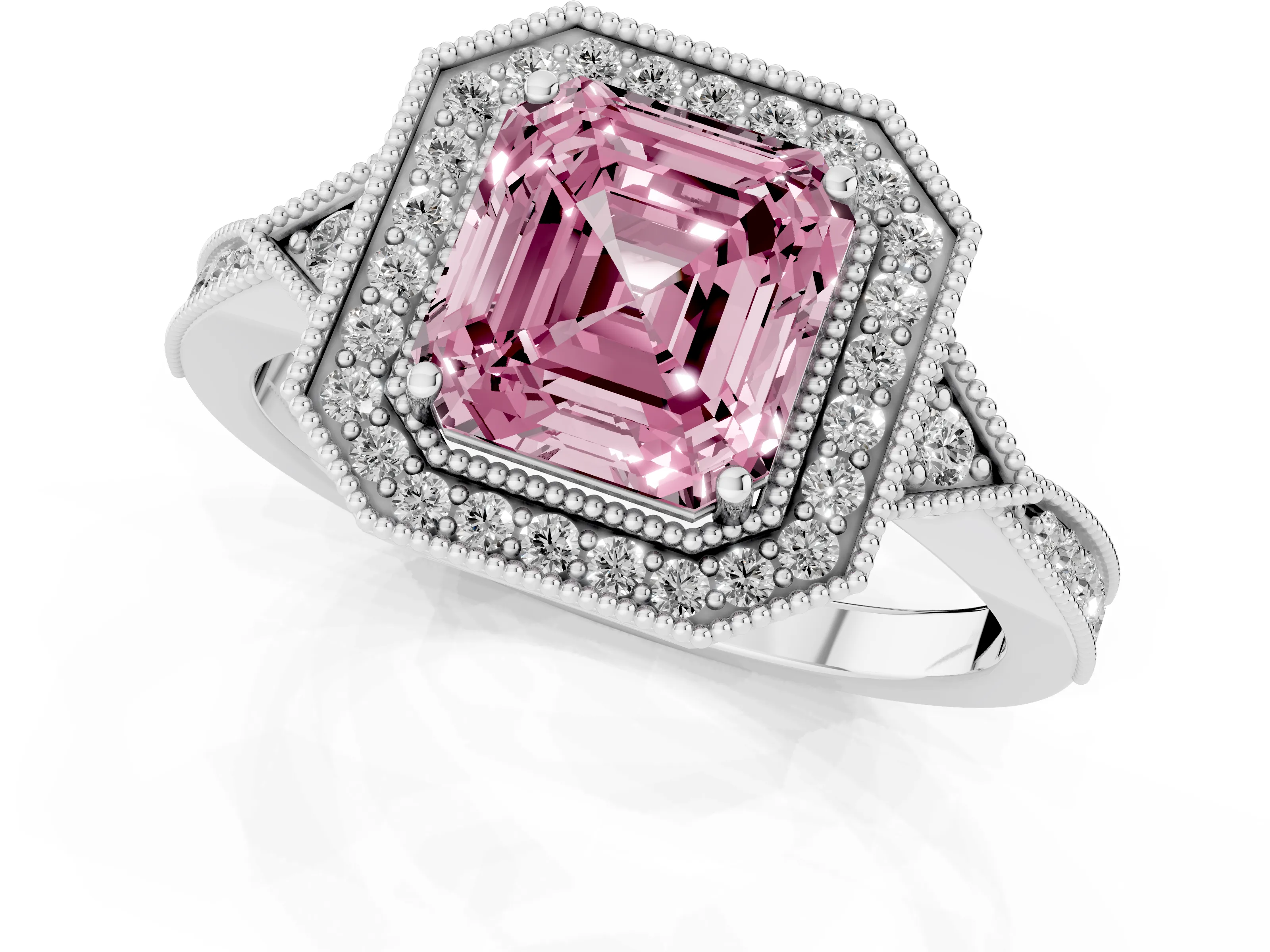 Fancy Pink Asscher Cut Diamond Halo Engagement Ring Set in White gold with Milgrain Pavé Band