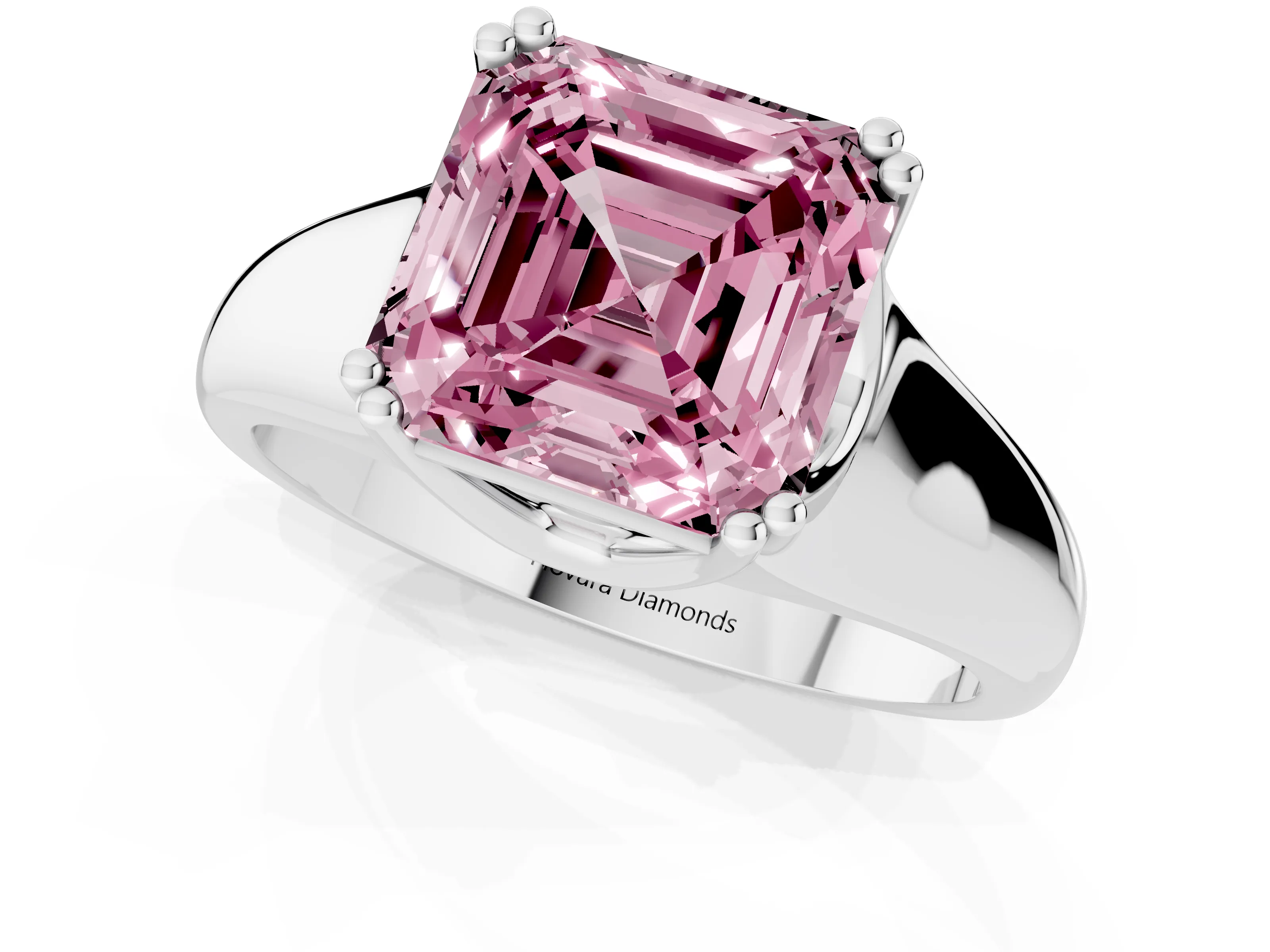 Fancy Pink Asscher Cut Diamond Solitaire Ring Set in Platinum with Wide Band and Prong Setting
