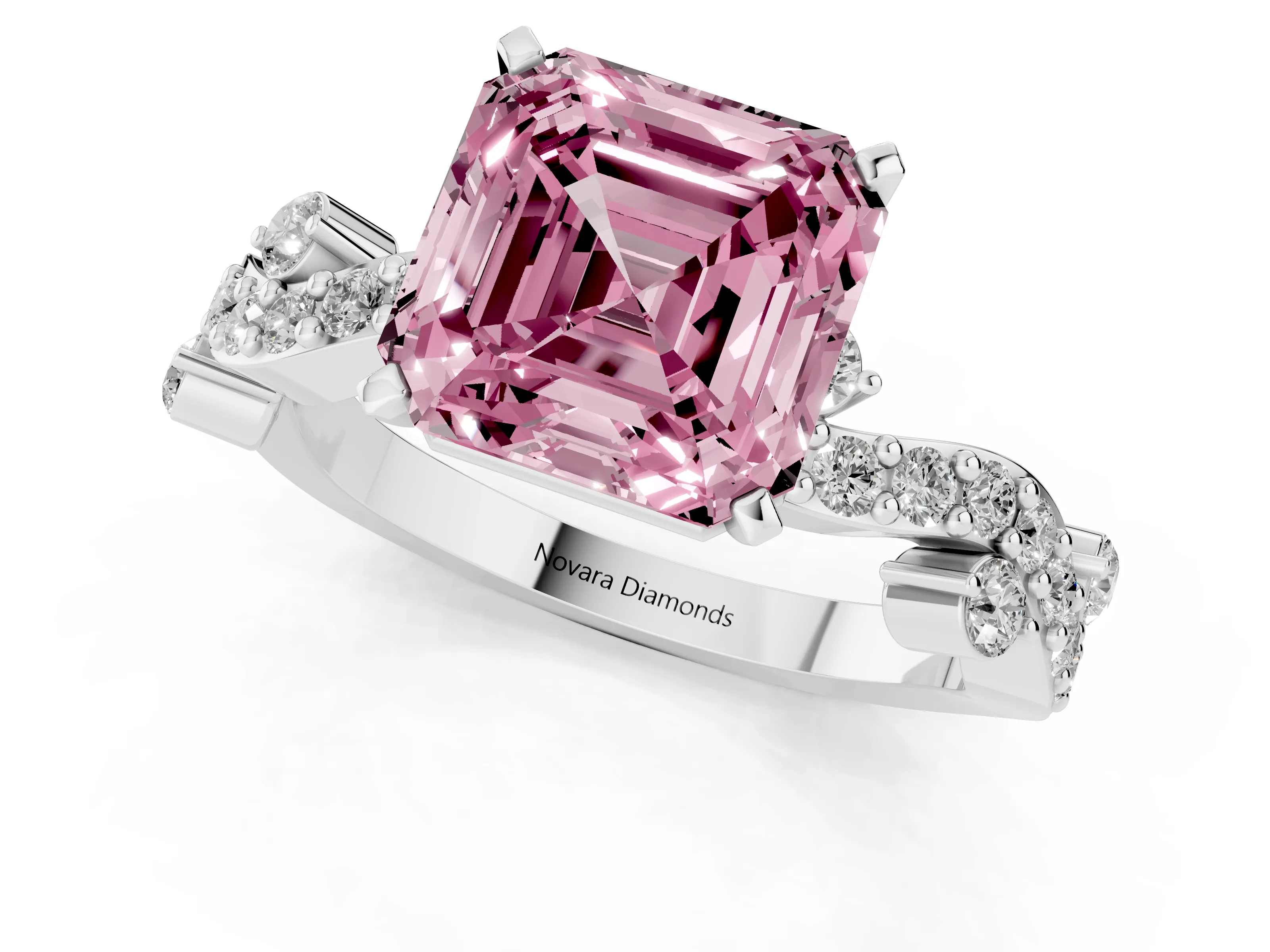 Fancy Pink Asscher Cut Diamond Solitaire Twisted Band Set in Silver with Pavé Setting
