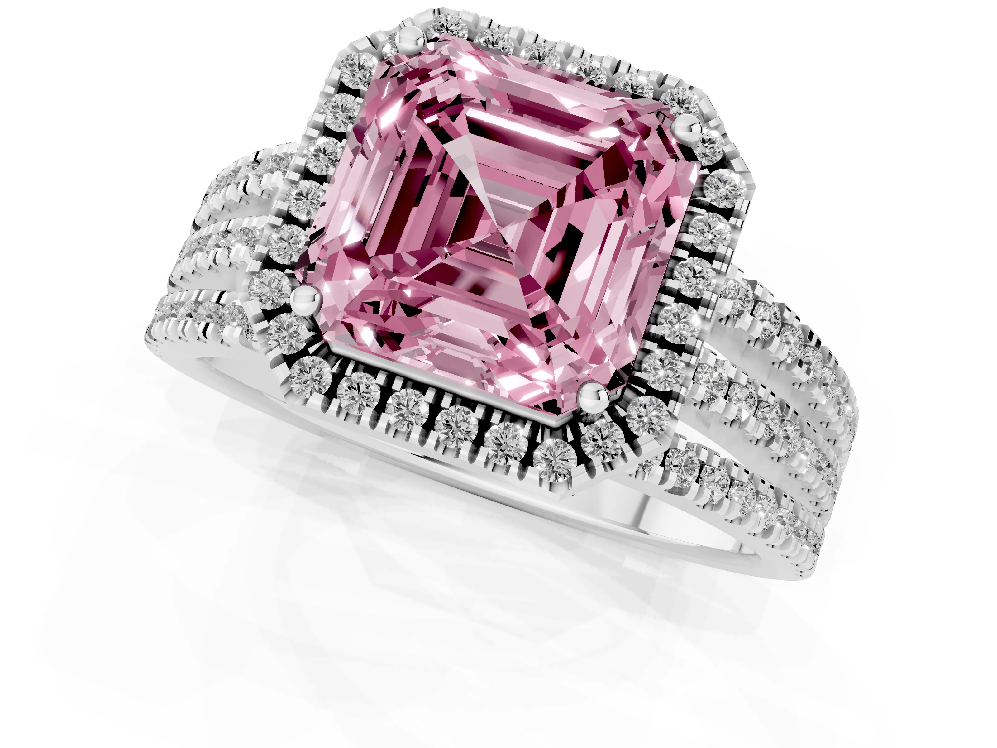 Fancy Pink Asscher Cut Diamond Halo Split Shank Engagement Ring Set in White gold with Prong Setting
