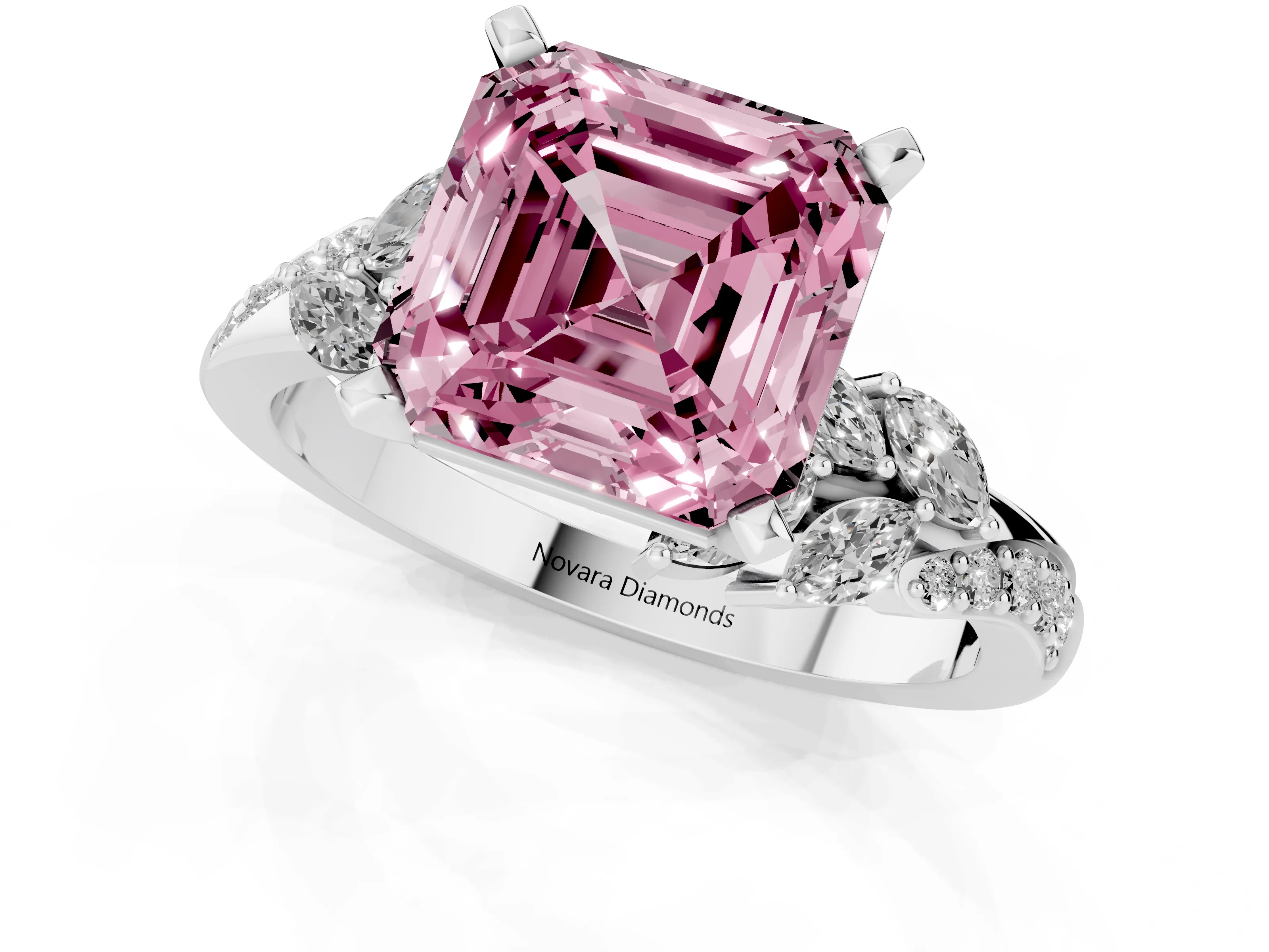 Fancy Pink Asscher Cut Diamond Solitaire Ring Set in Silver with Marquise Twist Band and Prong Setting