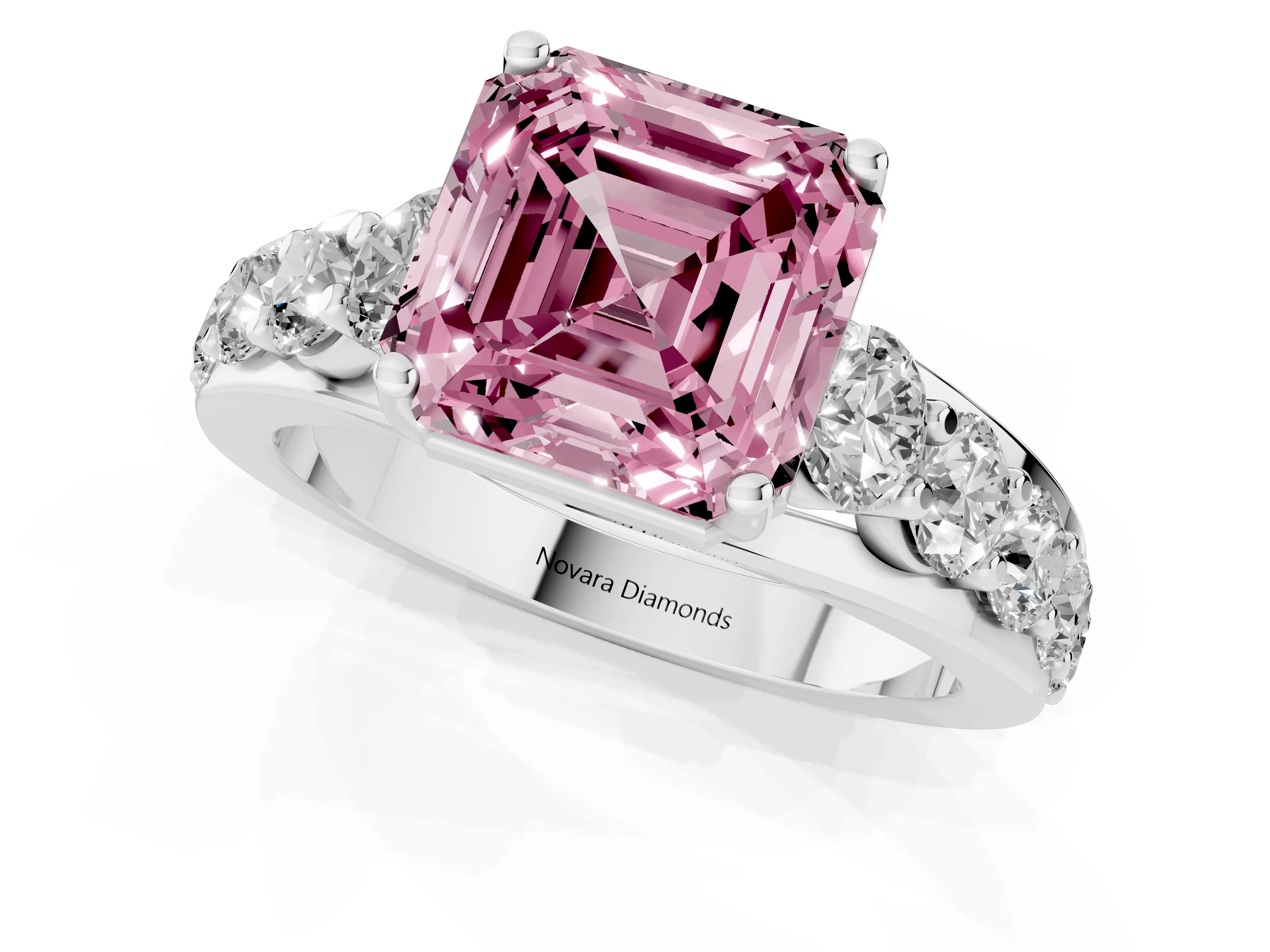 Fancy Pink Asscher Cut Diamond Pavé Engagement Ring Set in Platinum with Prong Setting