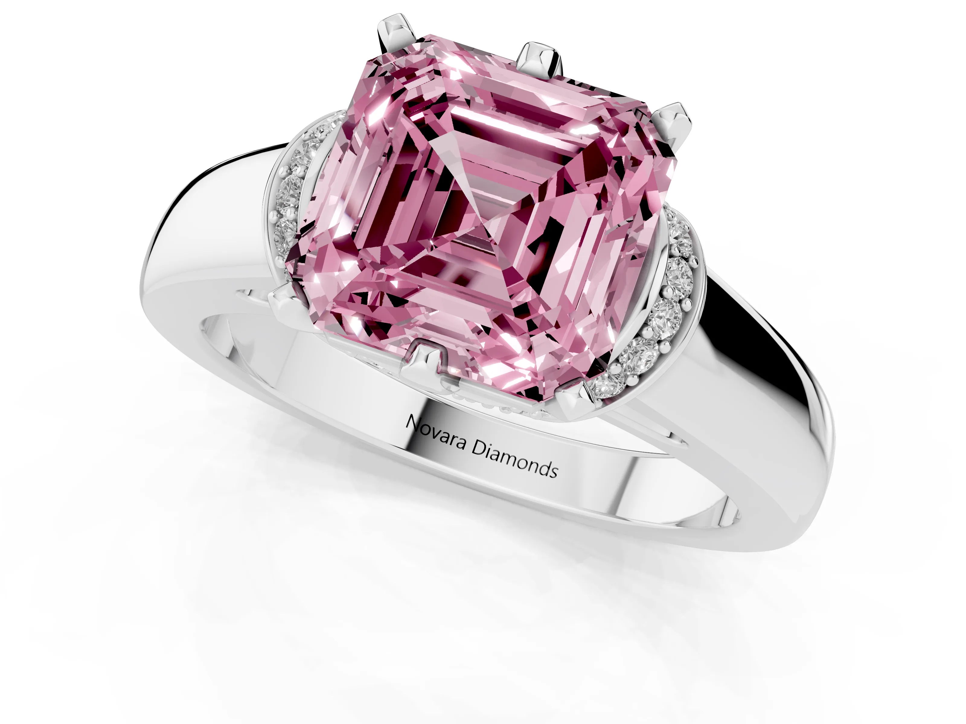 Fancy Pink Asscher Cut Diamond Pavé Band Solitaire Ring Set in Silver with Prong Setting