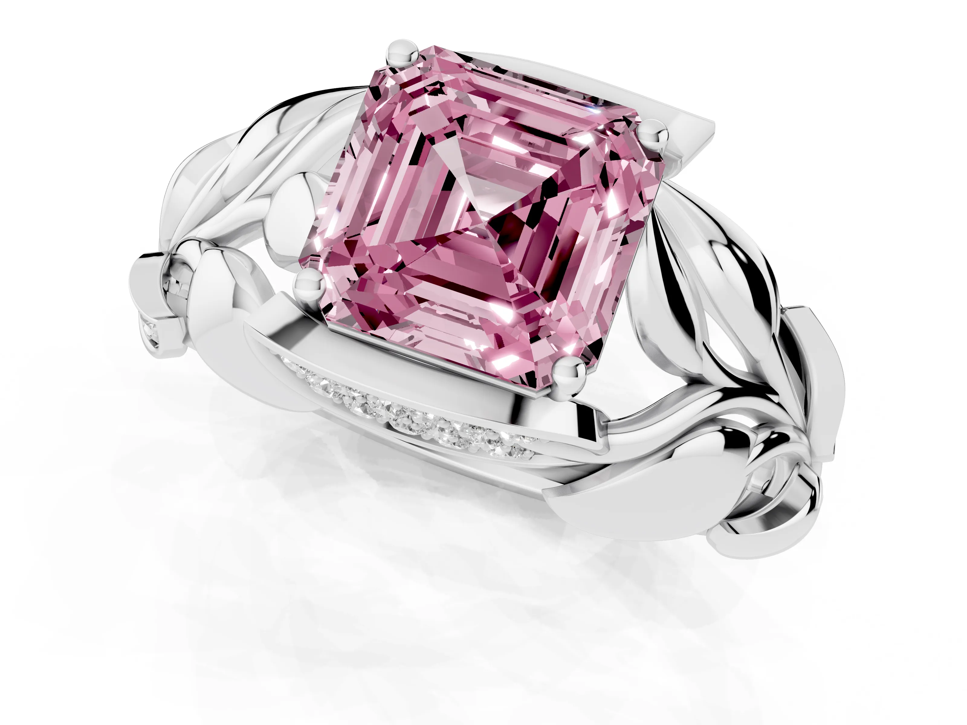 Fancy Pink Asscher Cut Diamond Leaf-Inspired Engagement Ring Set in Silver with Round Accents