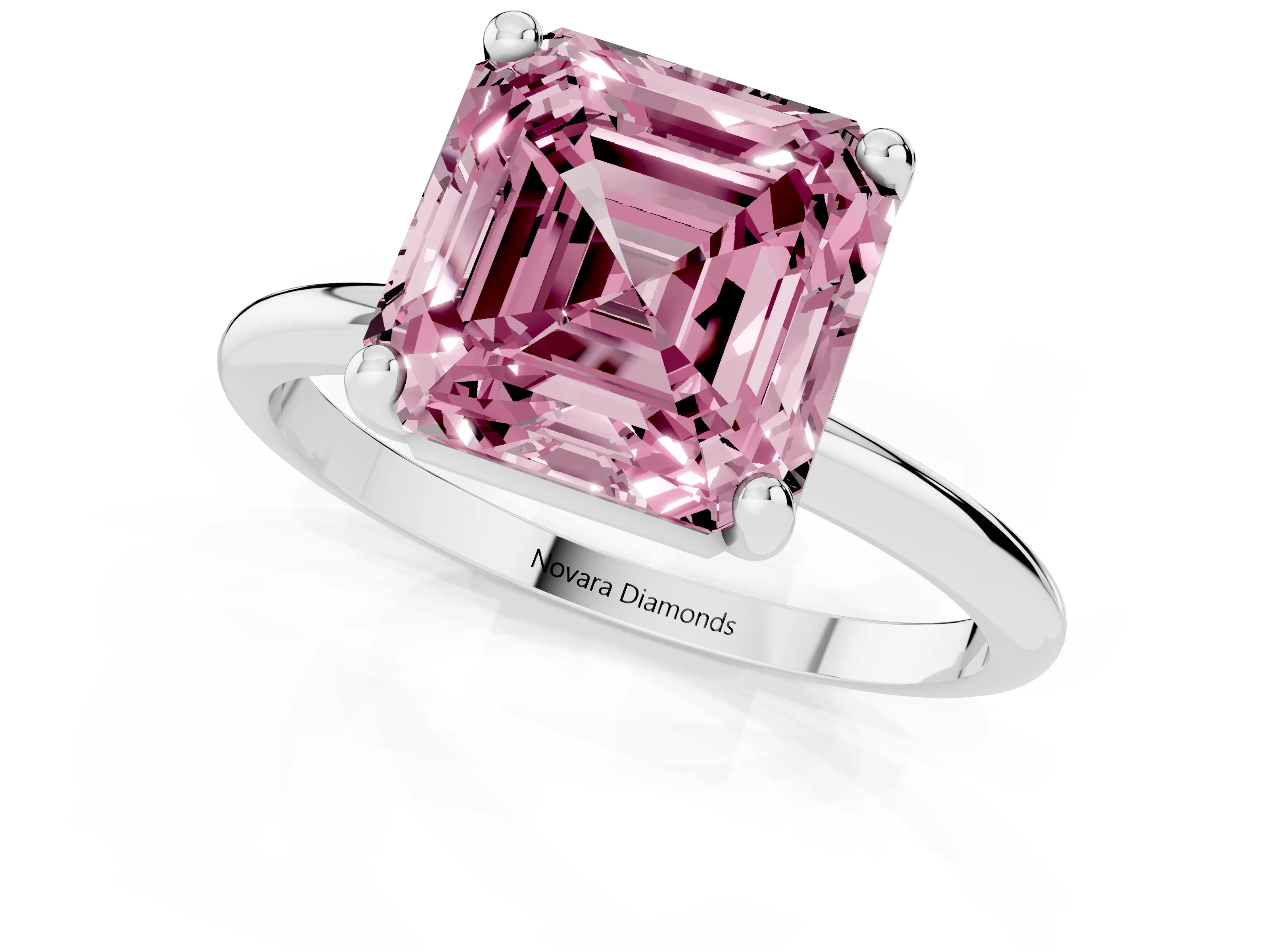 Fancy Pink Asscher Cut Diamond Solitaire Ring Set in Platinum with Secure Prong Setting on a Classic Band