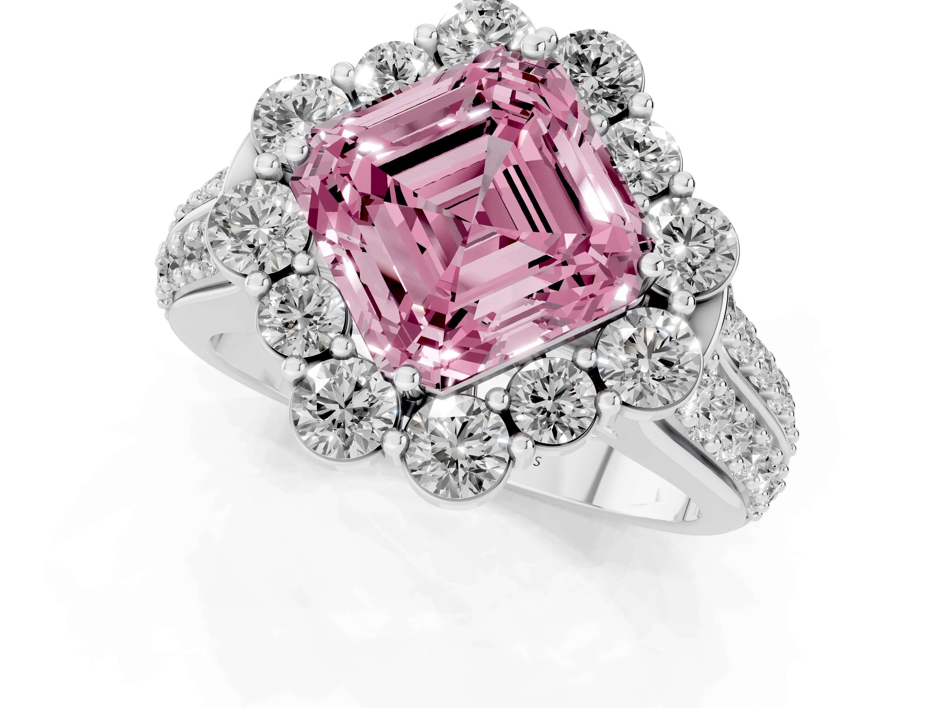 Fancy Pink Asscher Cut Diamond Halo Engagement Ring Set in White gold with Split Shank and Prong Setting