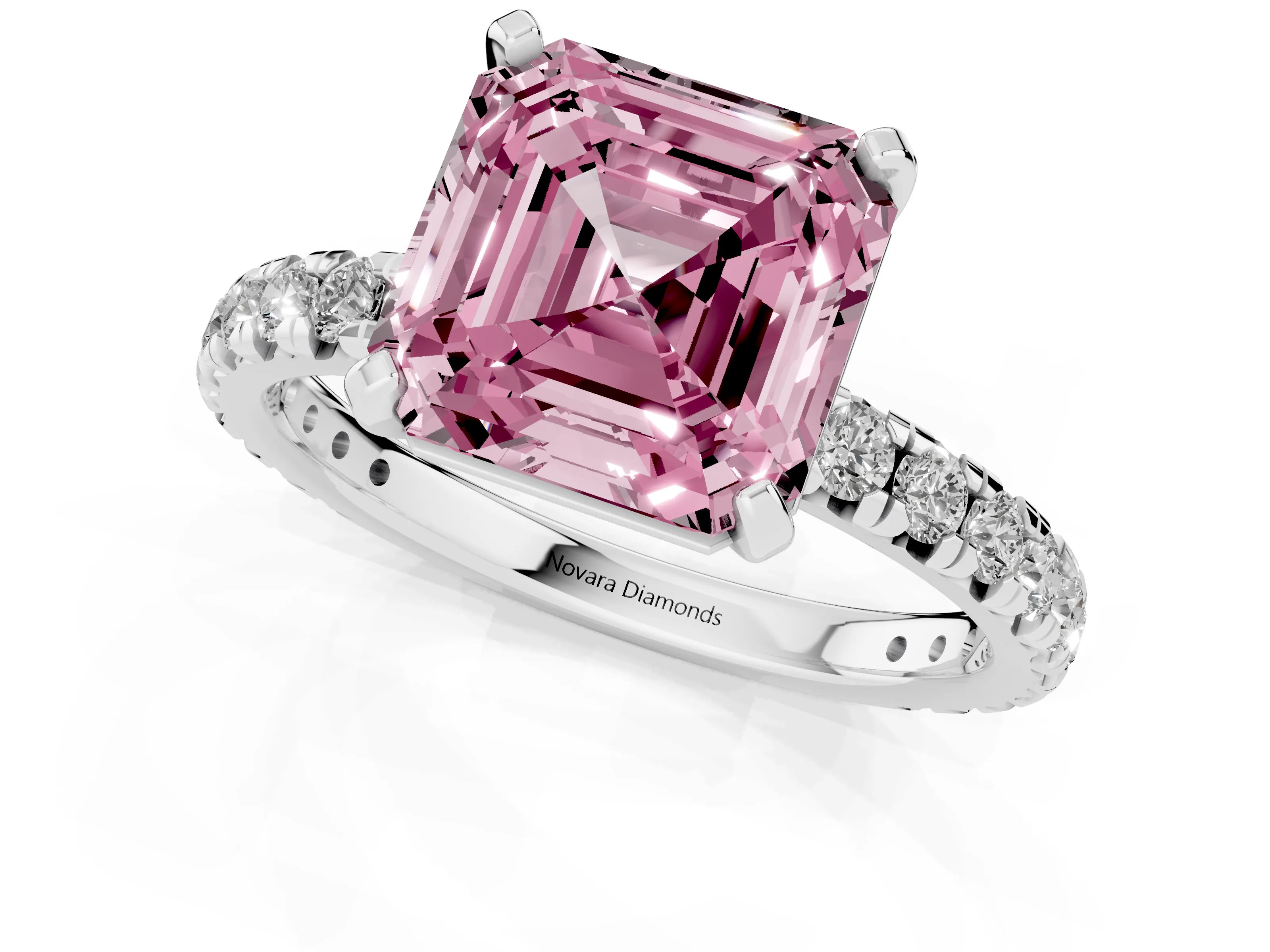 Fancy Pink Asscher Cut Diamond Pavé Solitaire Ring Set in White gold with Round Band and Prong Setting – second view