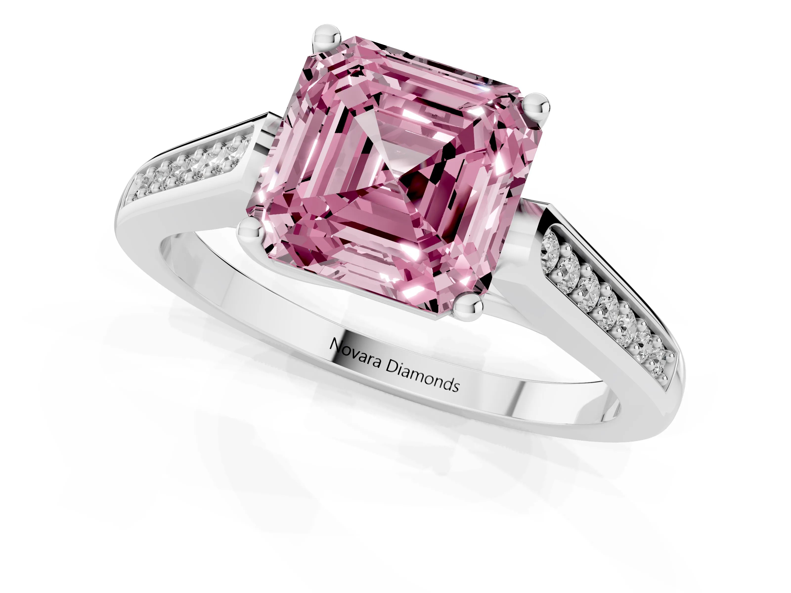 Fancy Pink Asscher Cut Diamond Solitaire Cathedral Engagement Ring Set in White gold with Channel-Set Band and Prong Setting