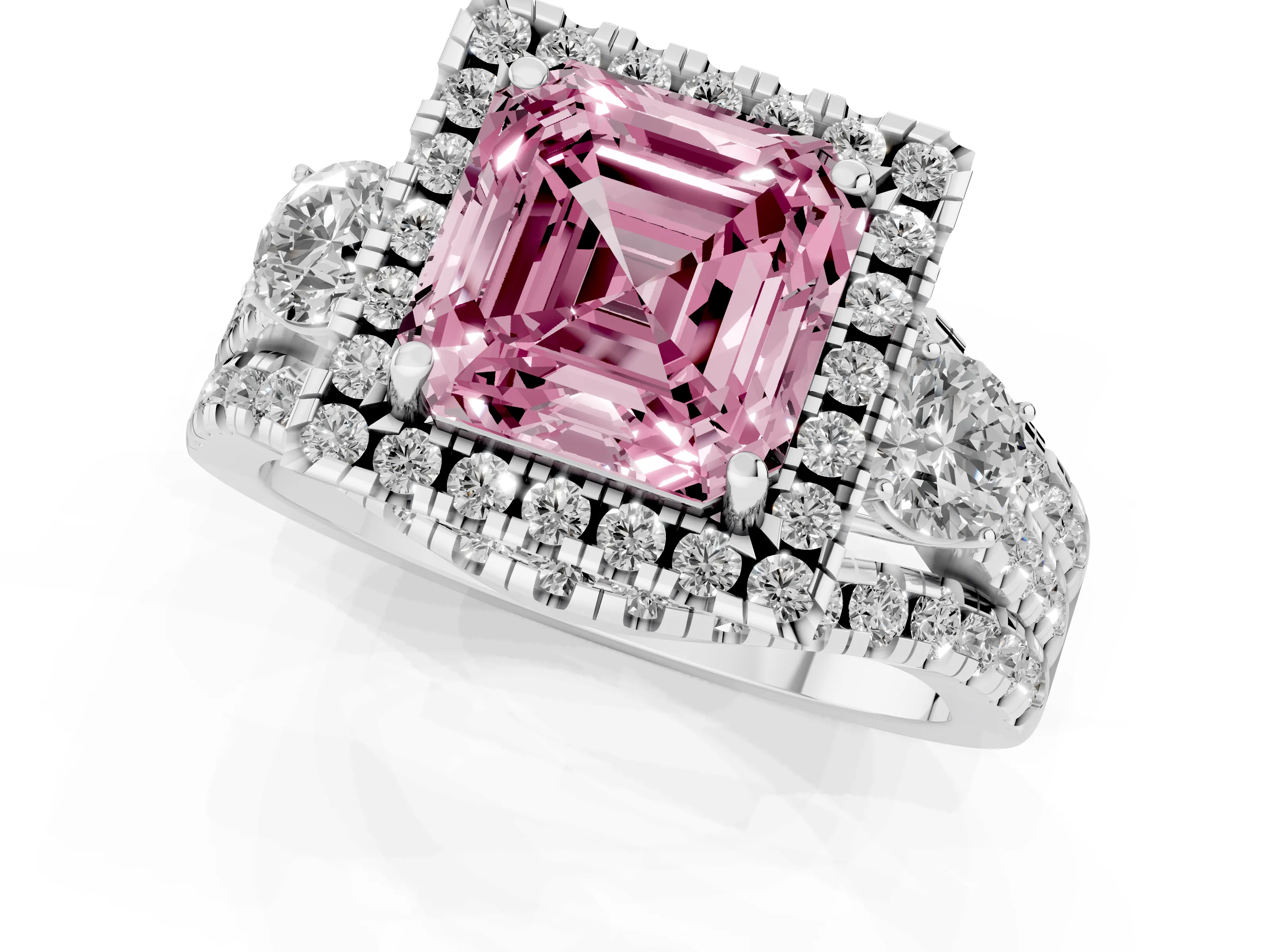 Fancy Pink Asscher Cut Diamond Halo Split Shank Ring Set in White gold with Round Accent Stones and Prong Setting