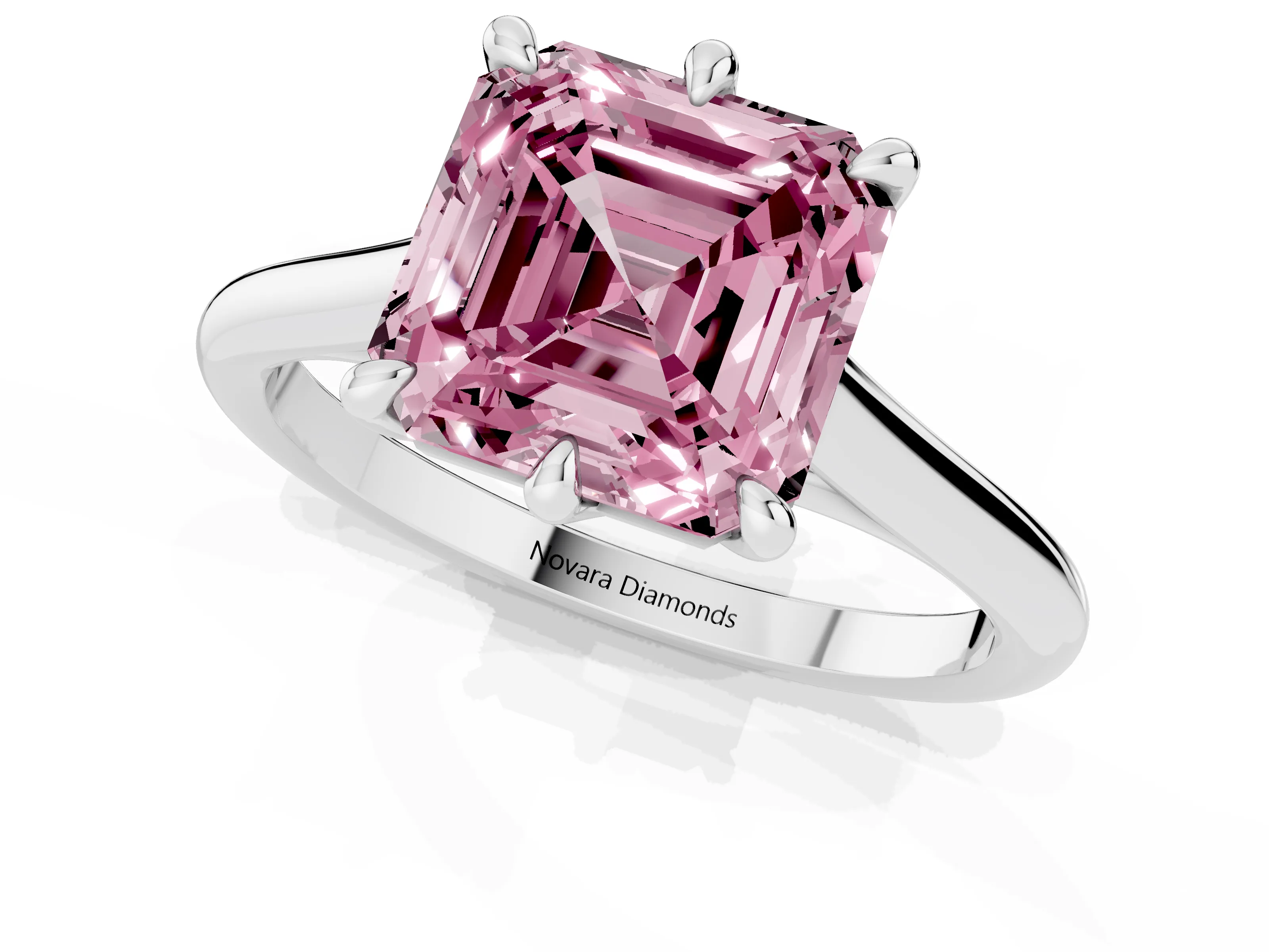 Fancy Pink Asscher Cut Diamond Solitaire Engagement Ring Set in Platinum with Prong Setting and Plain Classic Band