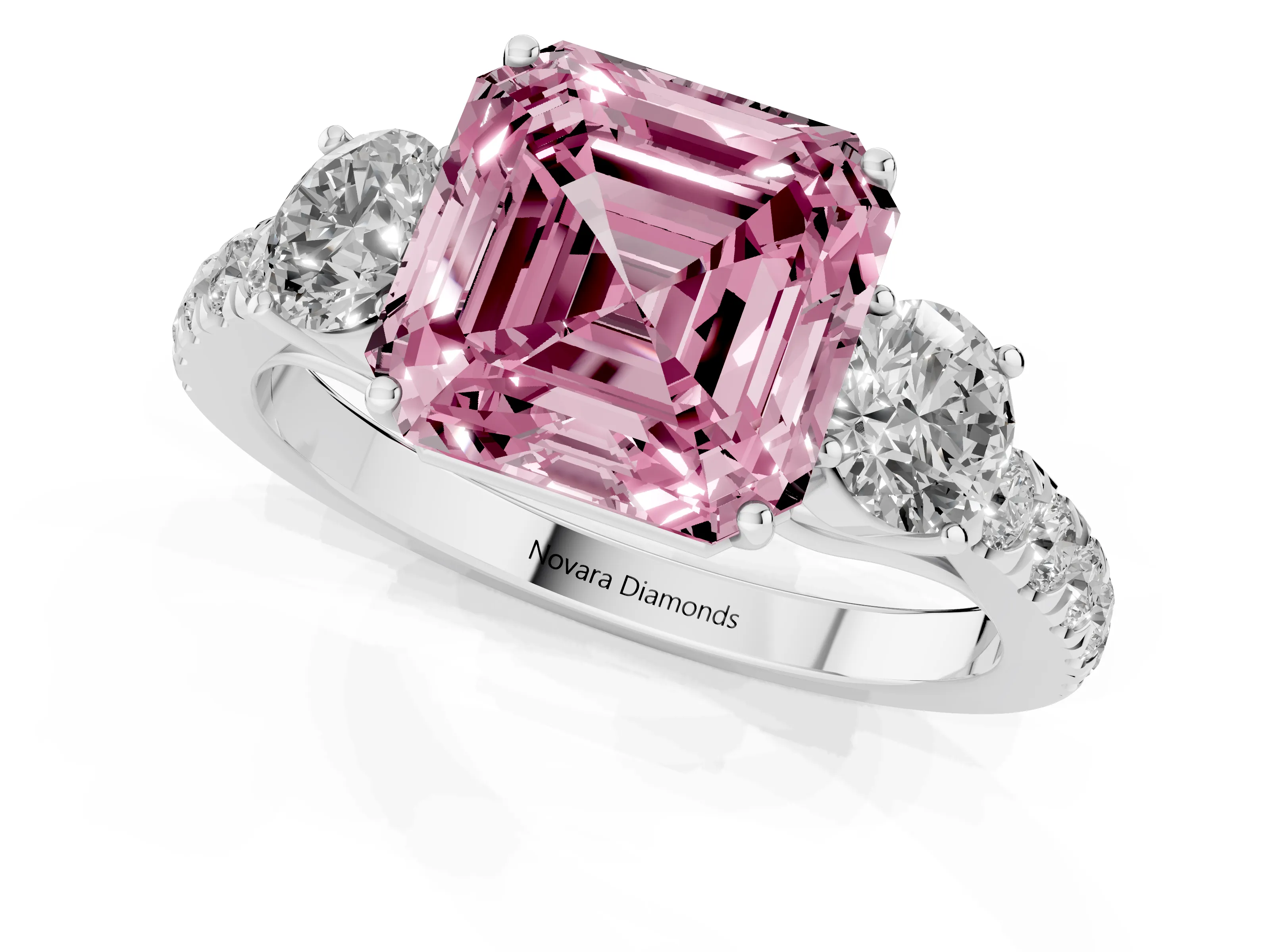 Fancy Pink Asscher Cut Diamond Three-Stone Ring Set in Platinum with Round Side Stones and Delicate Pavé Band