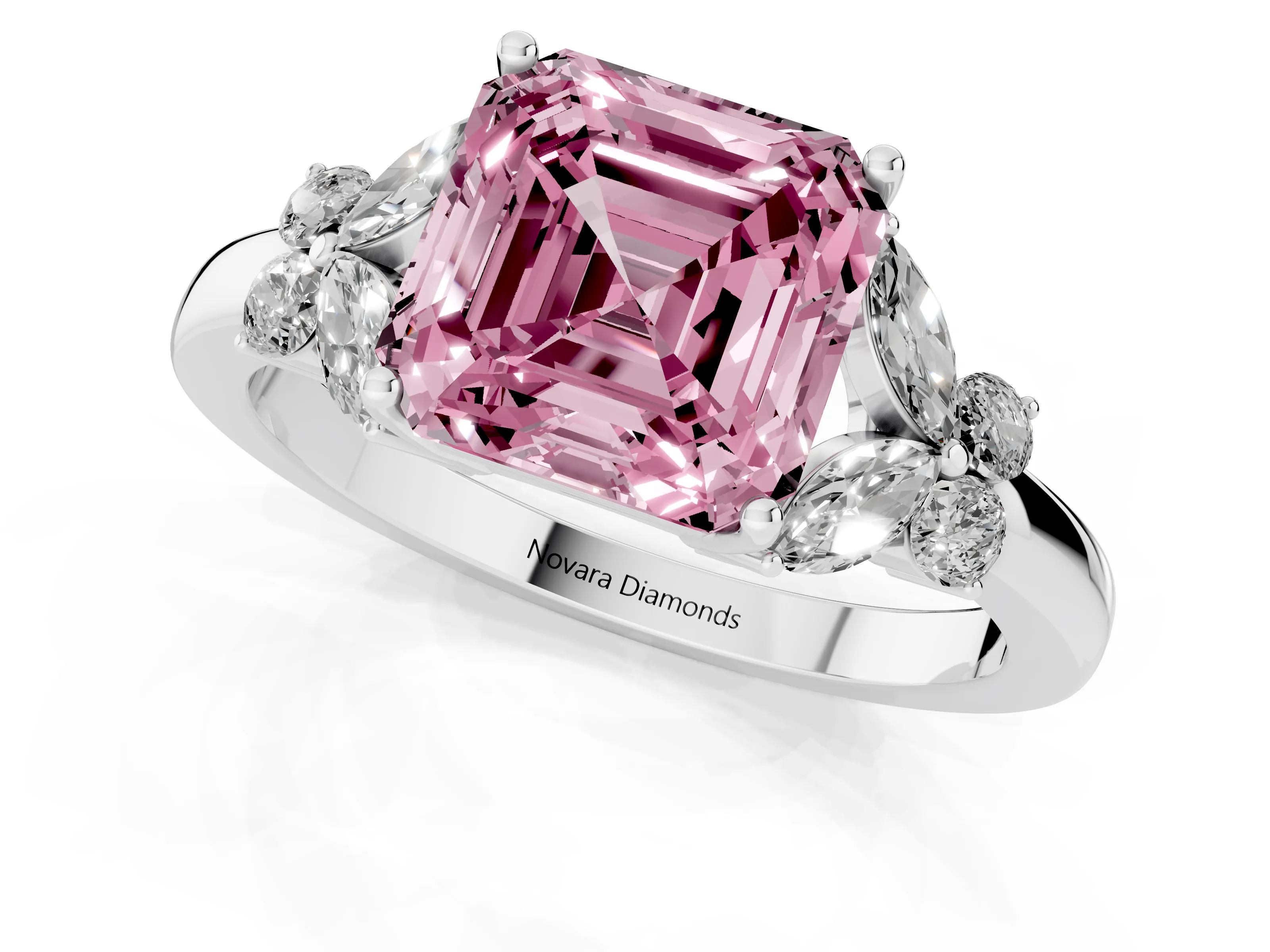 Fancy Pink Asscher Cut Diamond Solitaire Floral Ring Set in White gold with Marquise Petals and Prong Setting