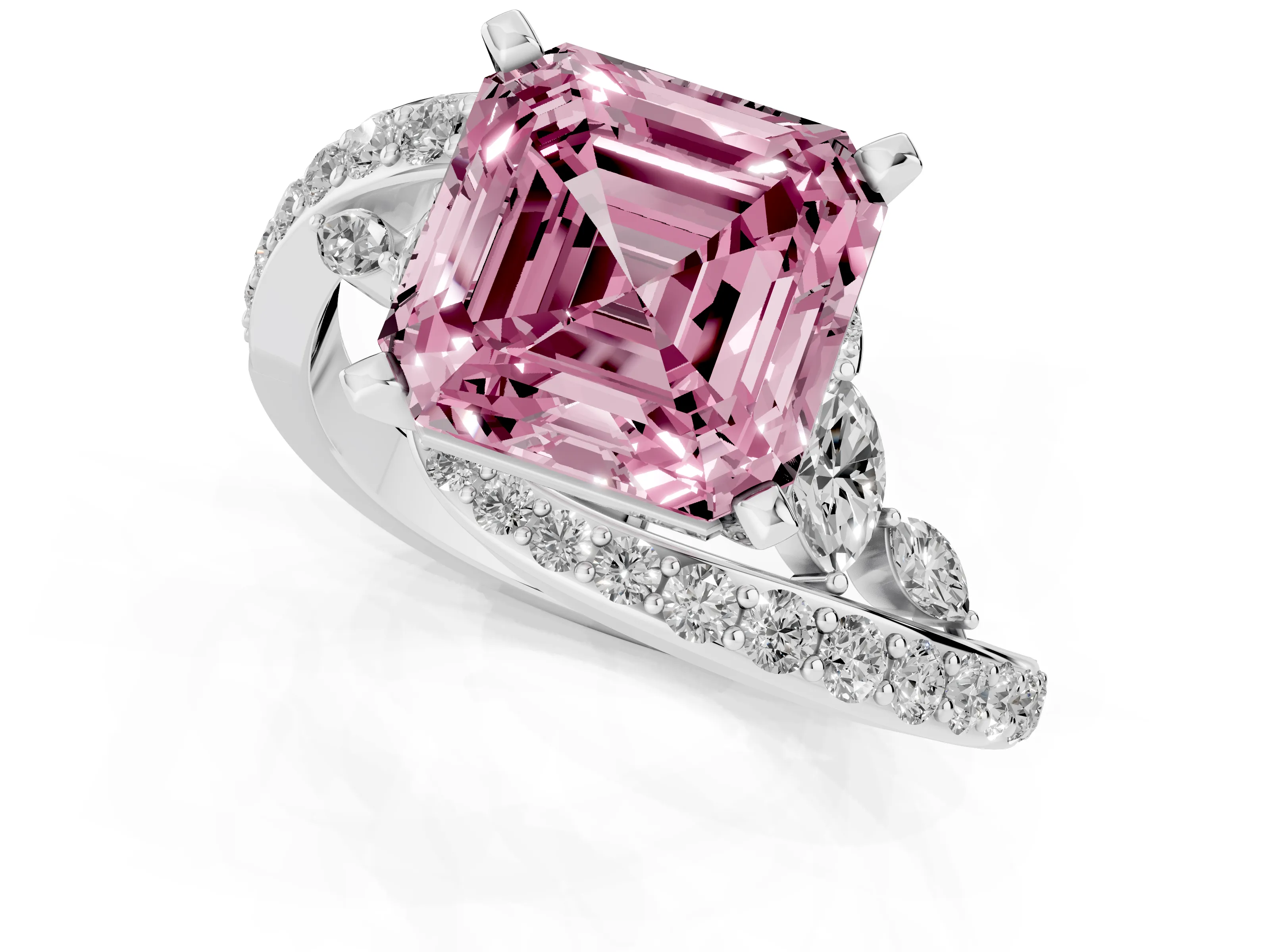 Fancy Pink Asscher Cut Diamond Solitaire Ring Set in Platinum with Pavé Twist Band and Secure Prong Setting