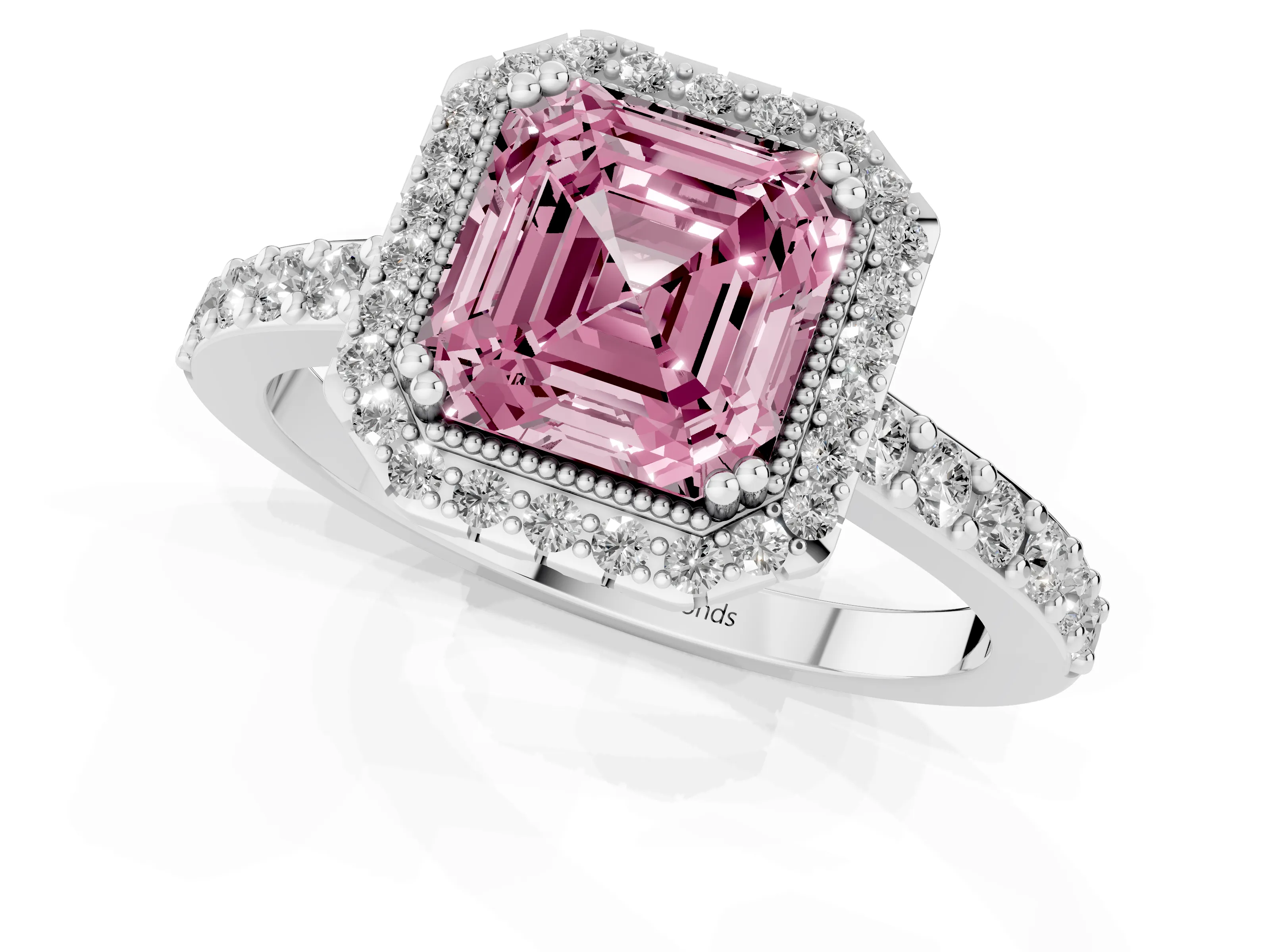 Fancy Pink Asscher Cut Diamond Halo Engagement Ring Set in White gold with Milgrain Detail and Pavé Band