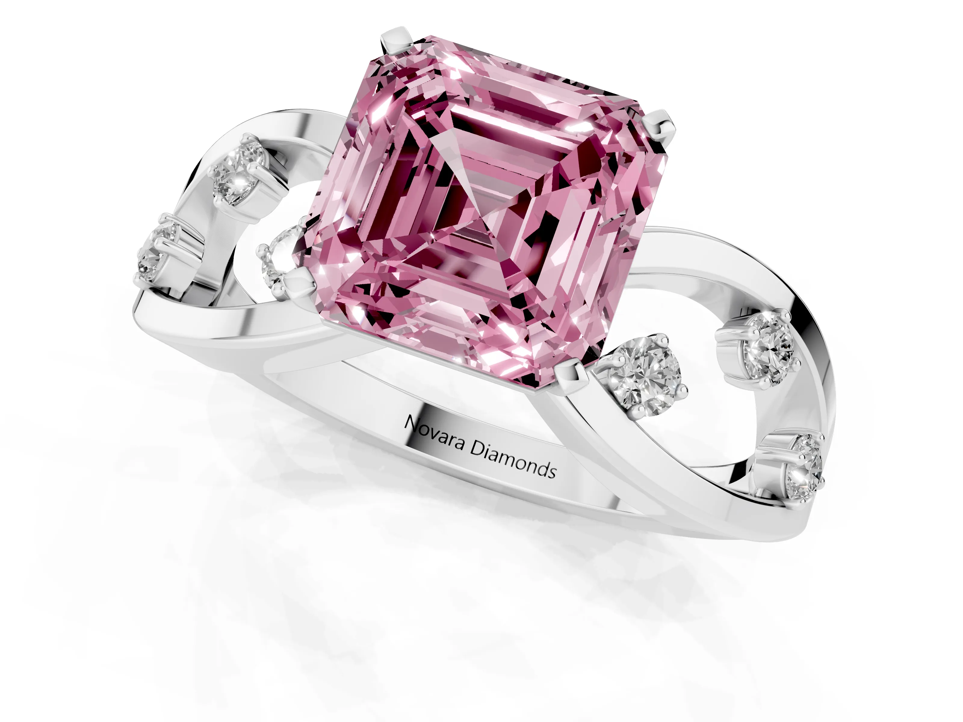 Fancy Pink Asscher Cut Diamond Solitaire Ring Set in Silver with Side Stones on Criss-Cross Band and Prong Setting