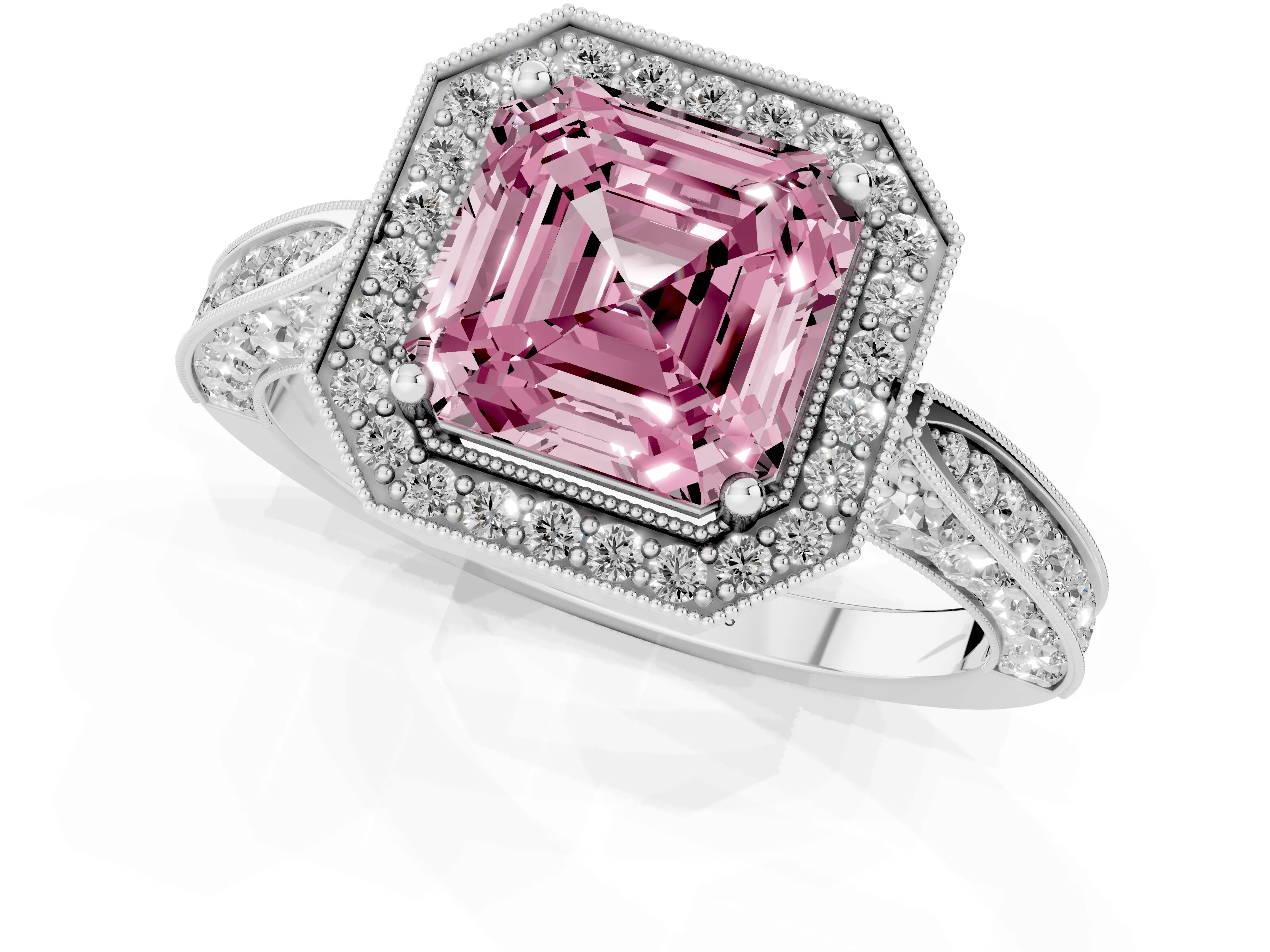 Fancy Pink Asscher Cut Diamond Halo Engagement Ring Set in Silver with Accent Split Shank Band