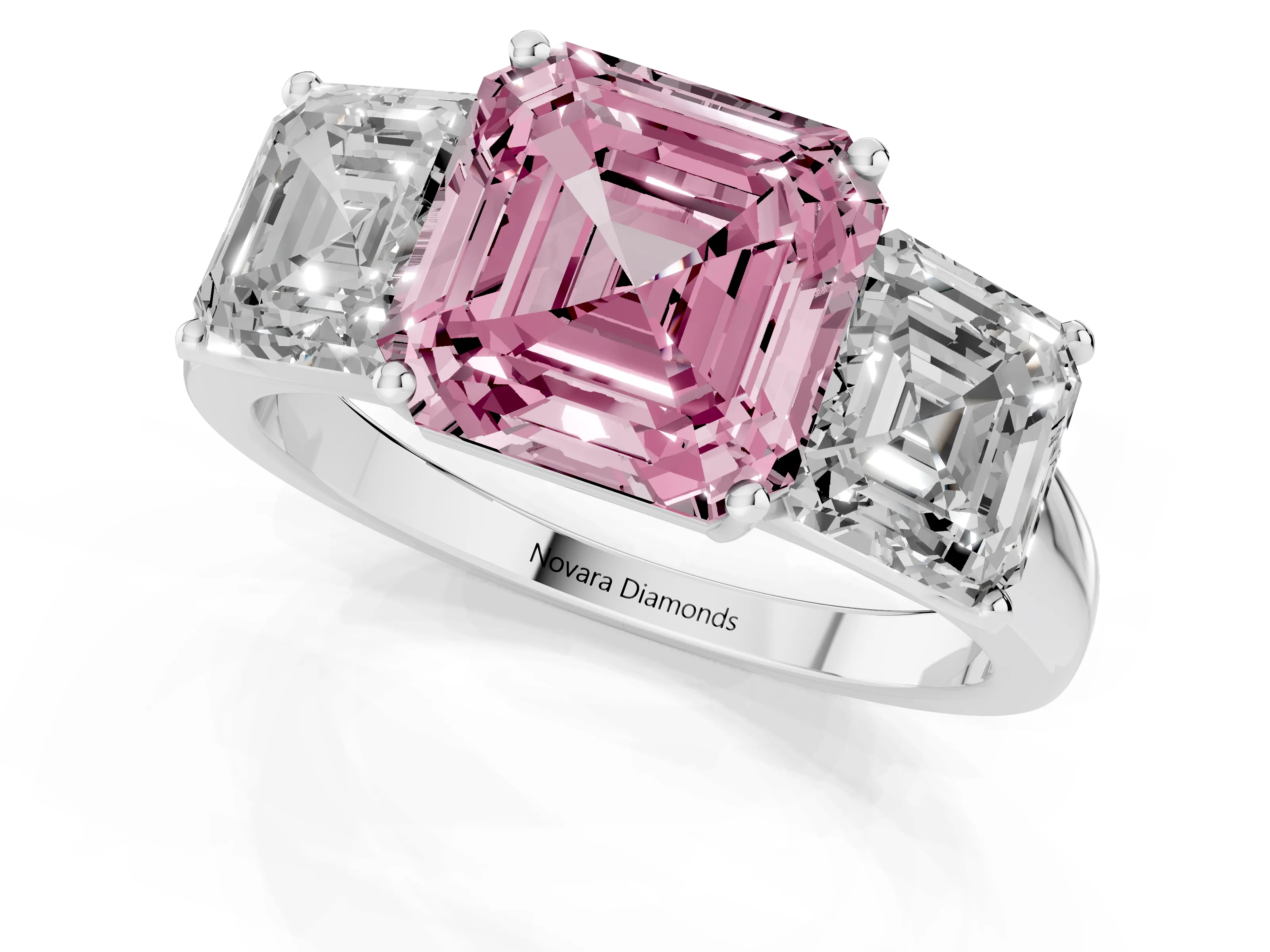 Fancy Pink Asscher Cut Diamond Three-Stone Ring Set in Platinum with Classic Prong Setting and Plain Band