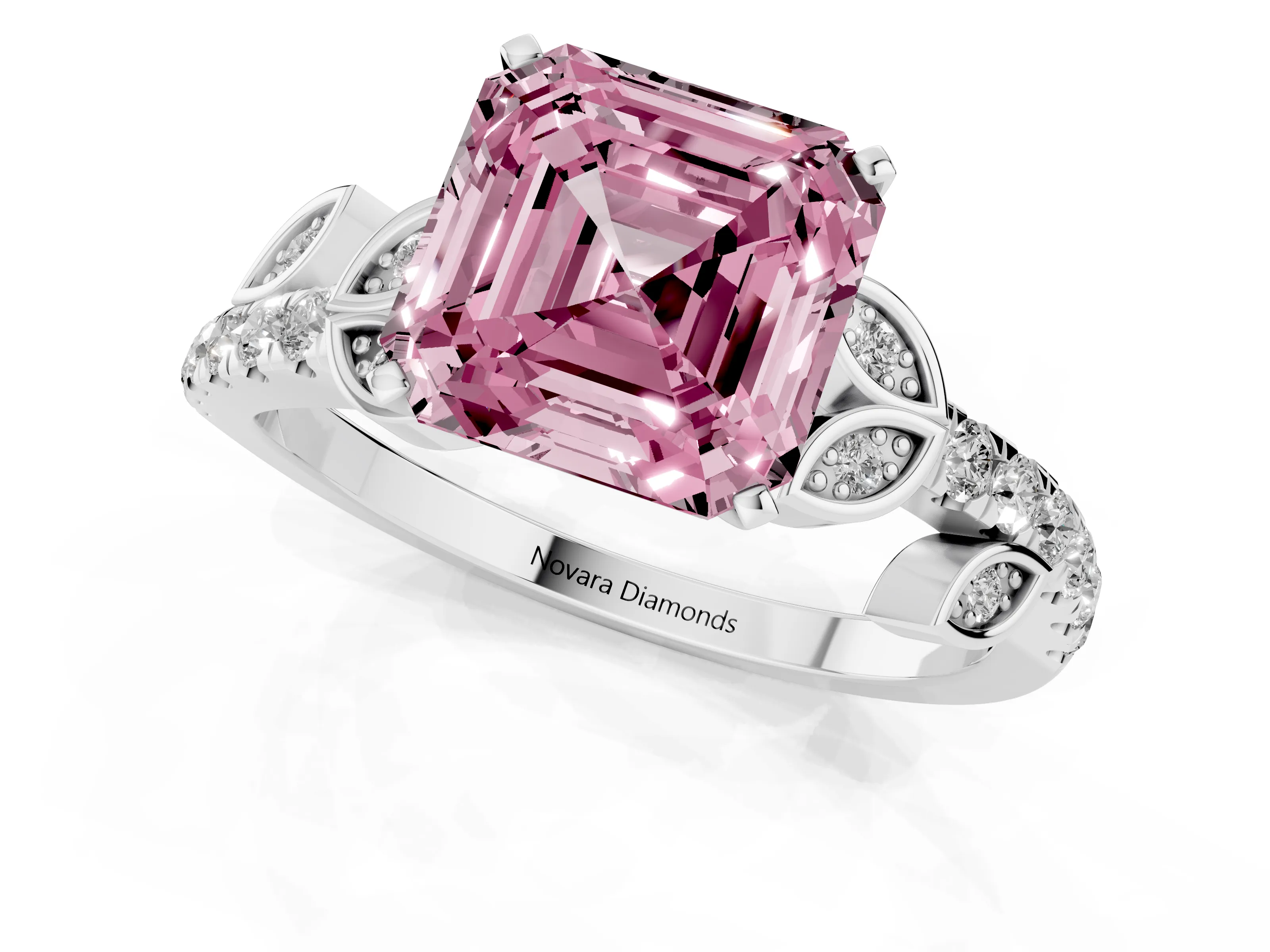 Fancy Pink Asscher Cut Diamond Solitaire Leaf-Inspired Ring Set in Silver with Pavé Band and Prong Setting