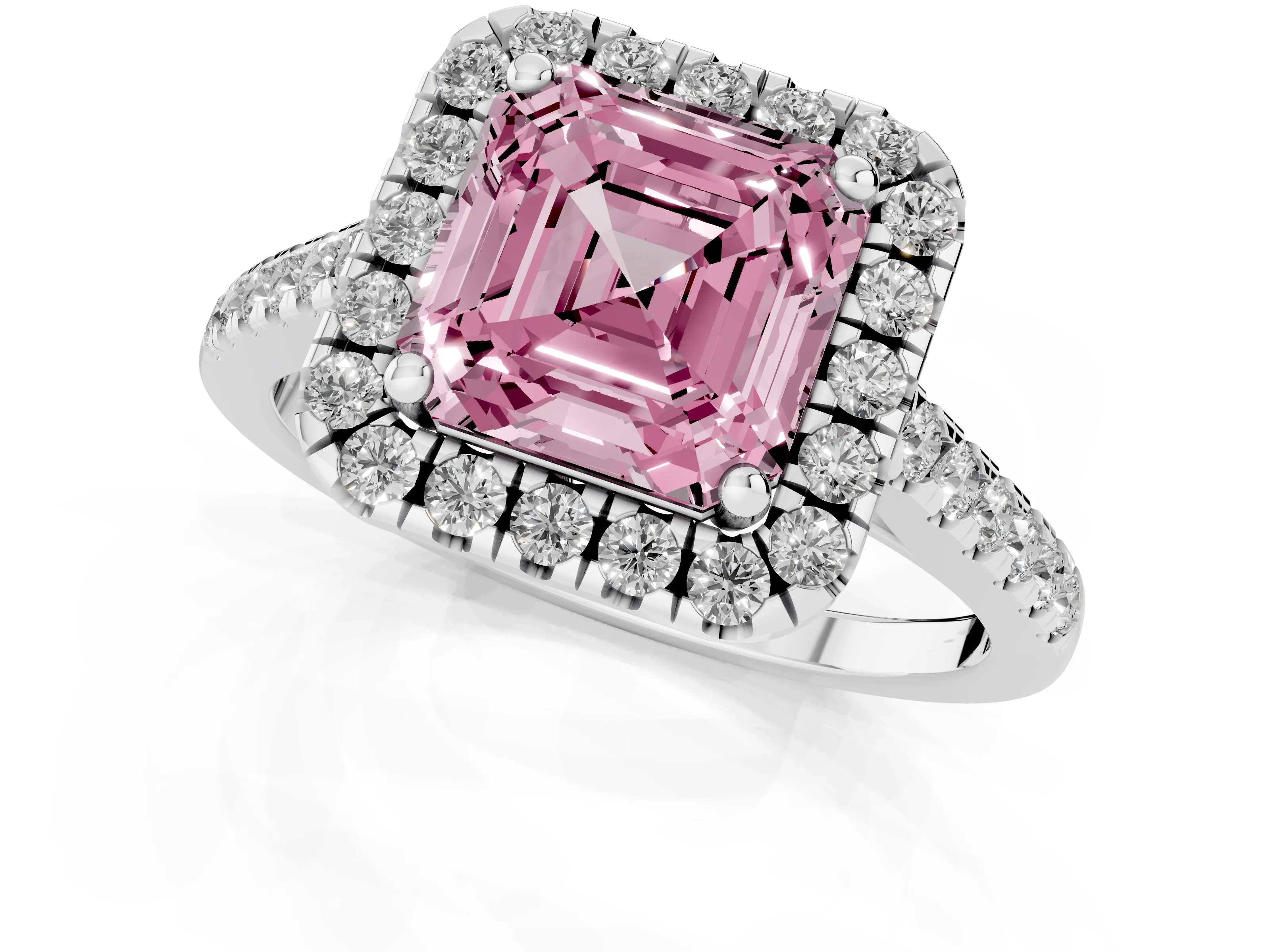Fancy Pink Asscher Cut Diamond Pavé Halo Engagement Ring Set in White gold with Pavé Band and Prong Setting