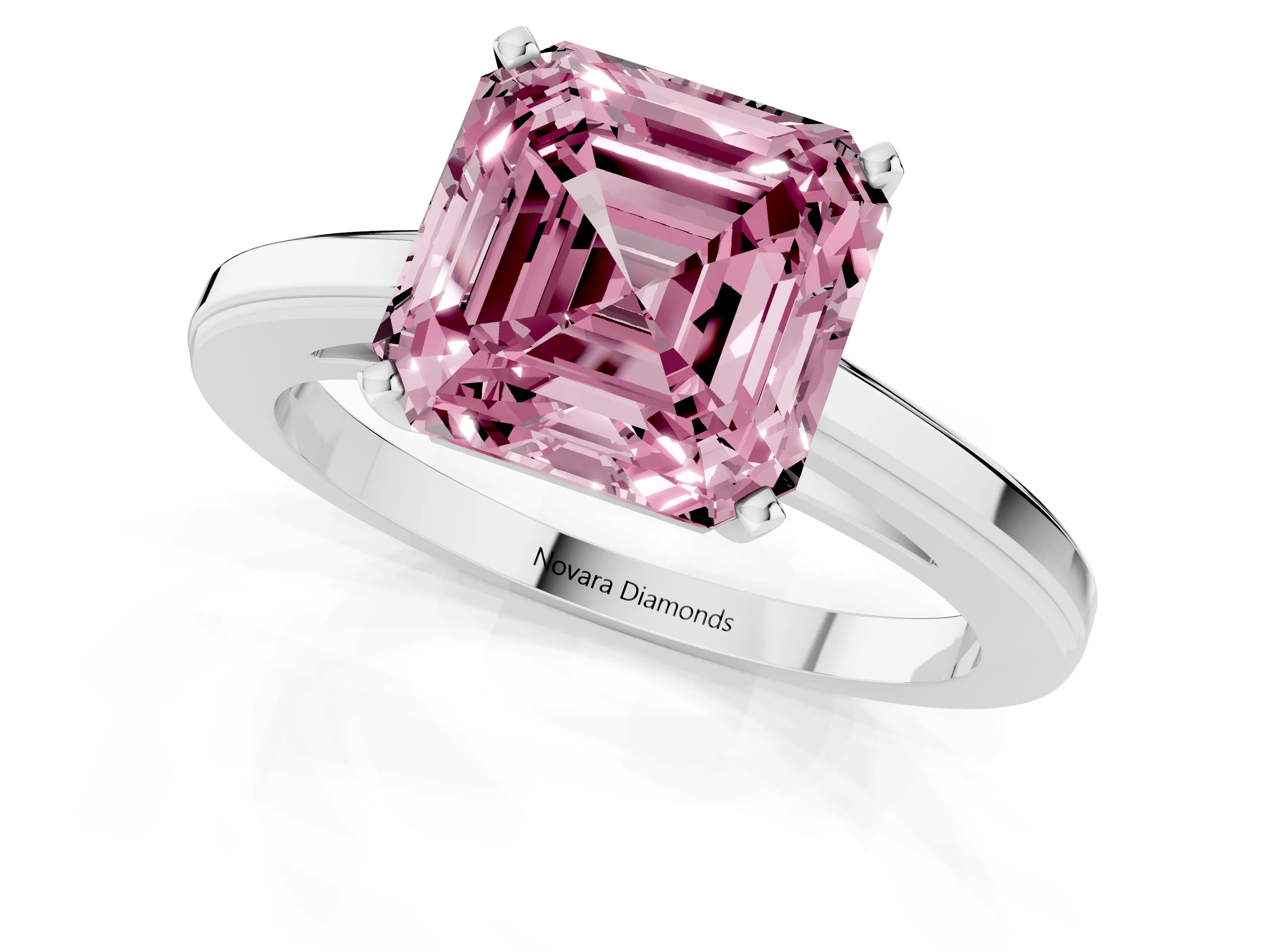 Fancy Pink Asscher Cut Diamond Solitaire Ring Set in White gold with Prong Setting and Classic Band