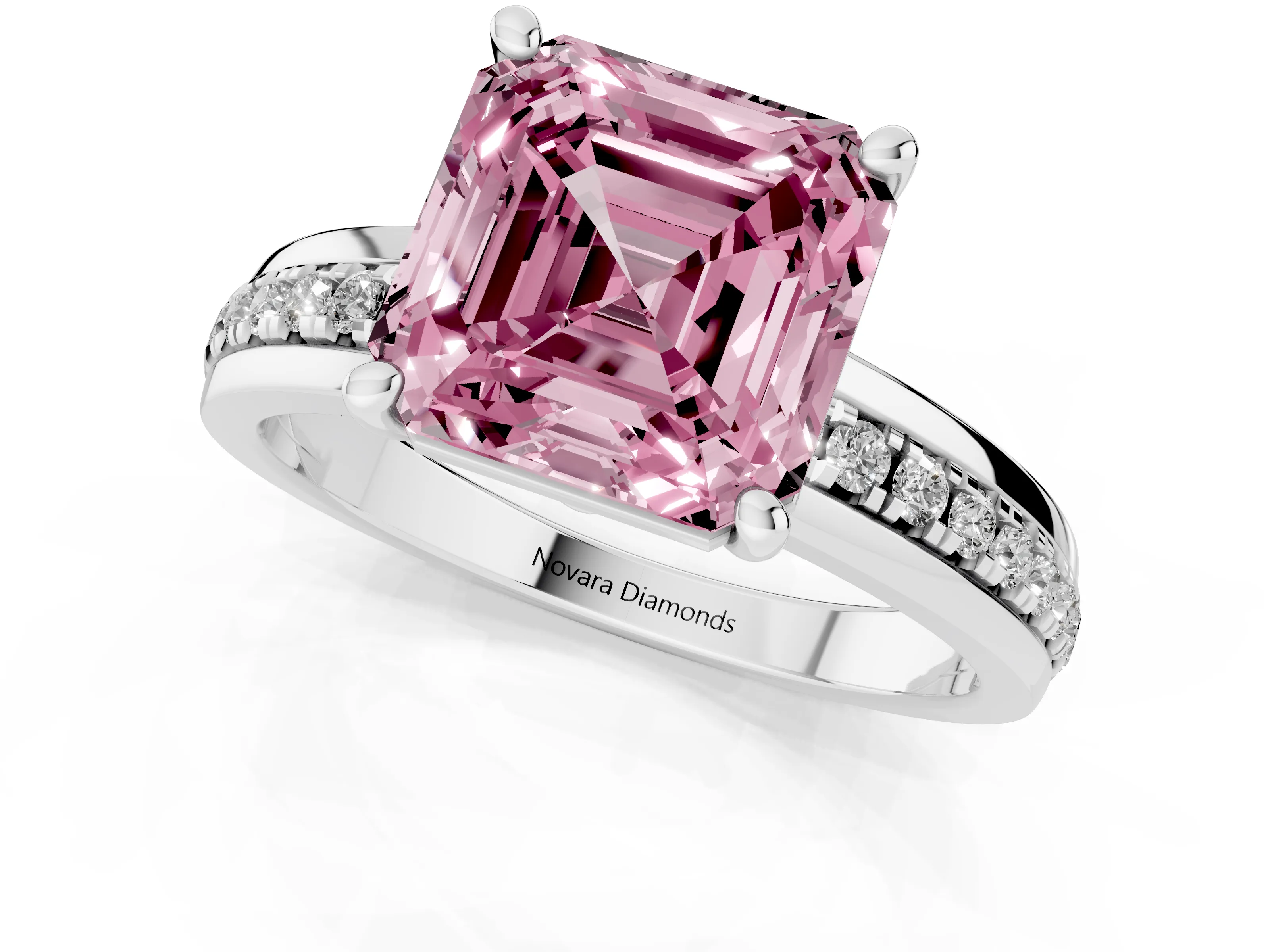 Fancy Pink Asscher Cut Diamond Solitaire Ring Set in White gold with Channel Set Band and Prong Setting