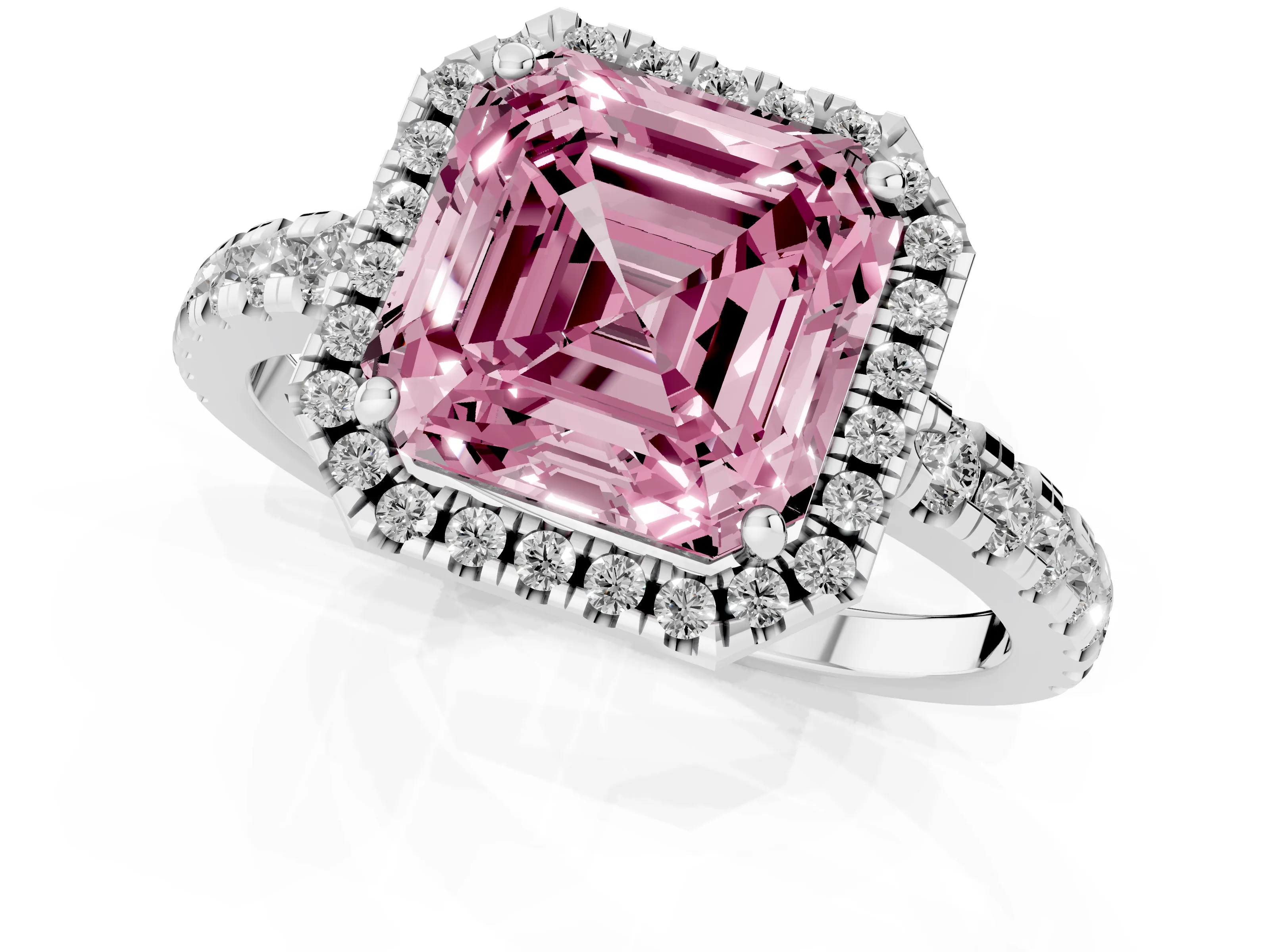 Fancy Pink Asscher Cut Diamond Halo Ring Set in White gold with Delicate Pavé Band and Prong Setting