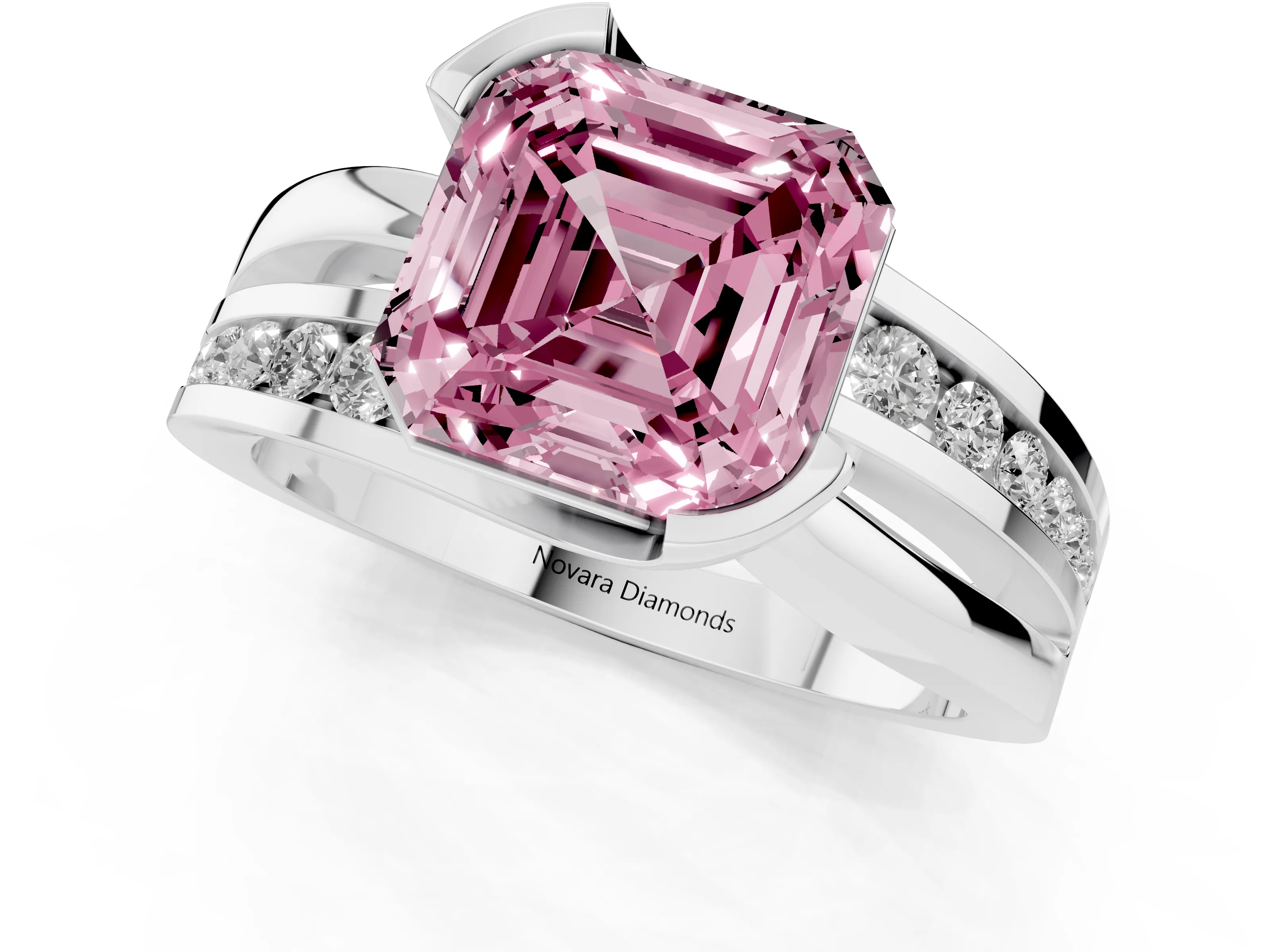 Fancy Pink Asscher Cut Diamond Solitaire Ring Set in Silver with Channel Set Split Shank and Tension Prongs