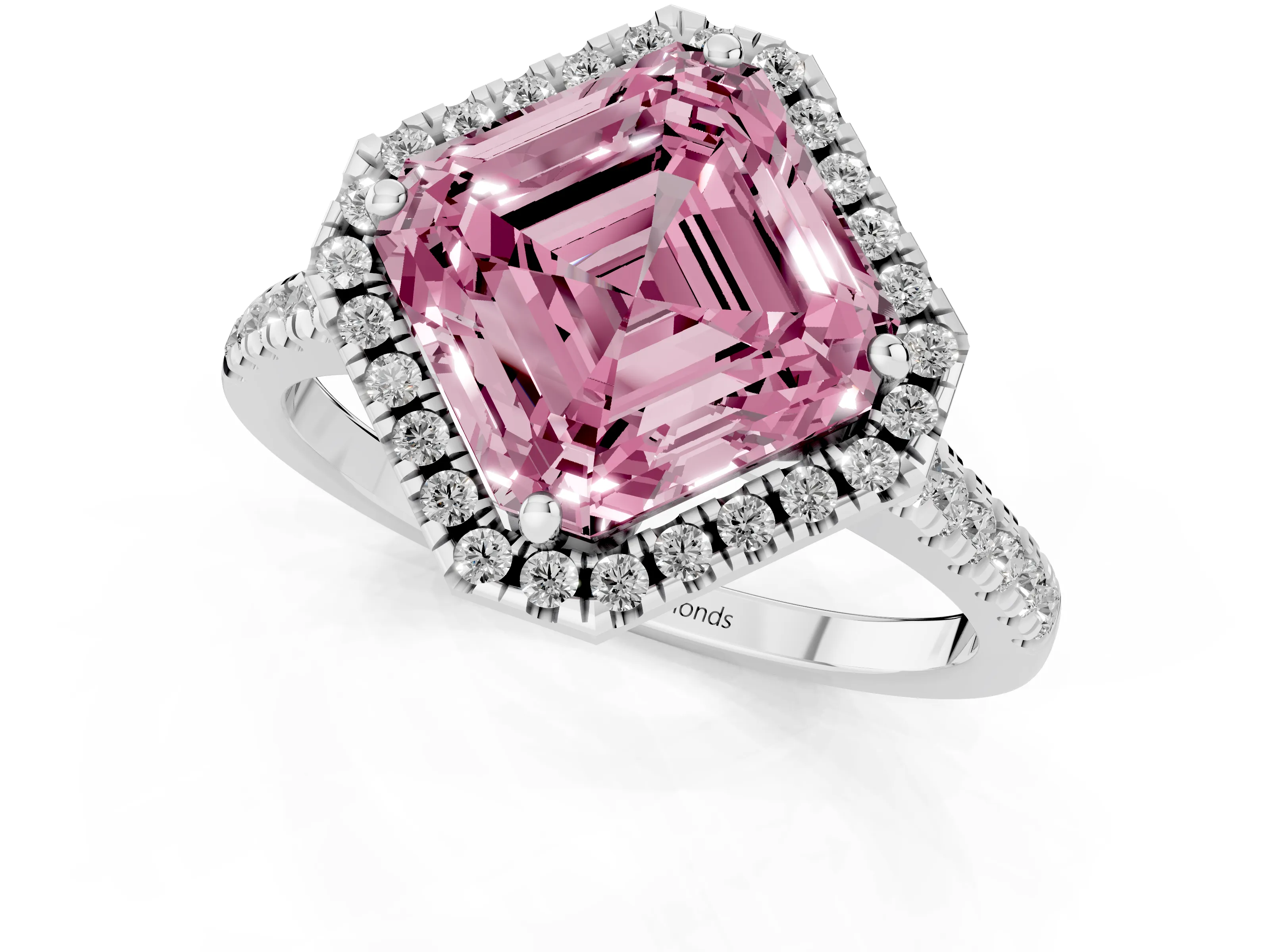 Fancy Pink Asscher Cut Diamond Cushion Halo Ring Set in White gold with Pavé Band – second view